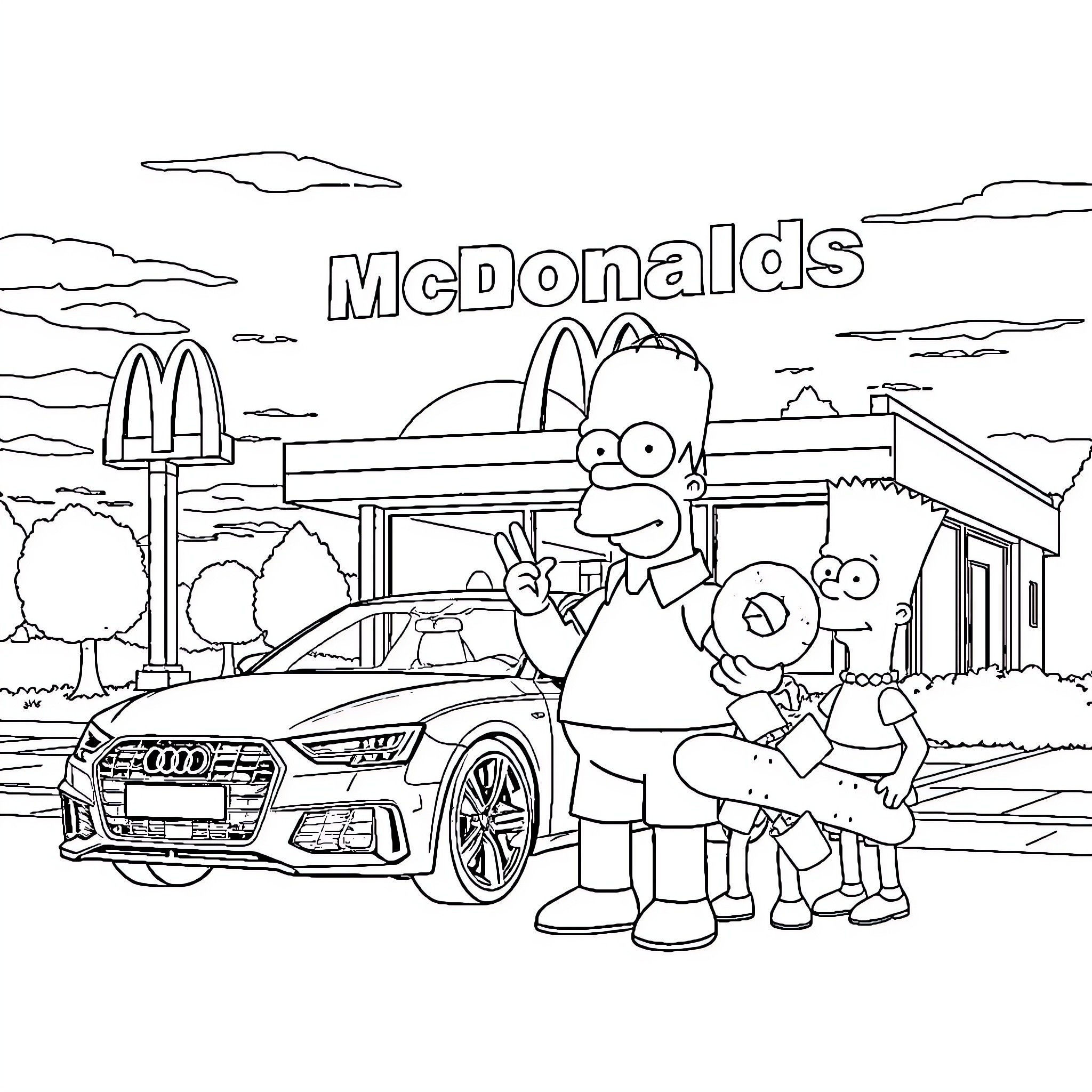 Character Family Visits McDonald's Establishment Coloring Page (free black-and-white line drawing printable PDF for all, from beginners to advanced learners, including children, teens, adults, and seniors)