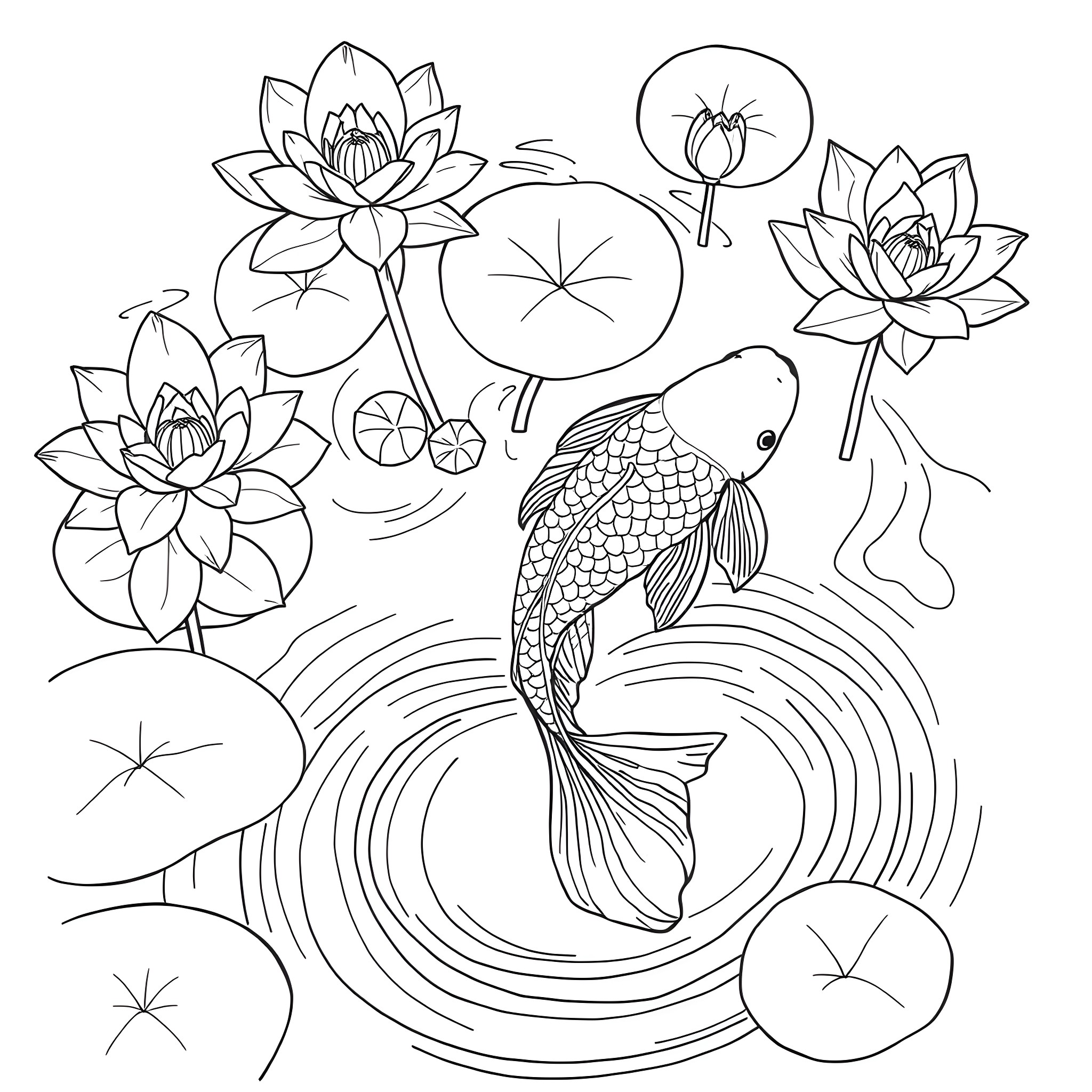 Koi swimming among vibrant lotus flowers Coloring Page (free black-and-white line drawing printable PDF for all, from beginners to advanced learners, including children, teens, adults, and seniors)