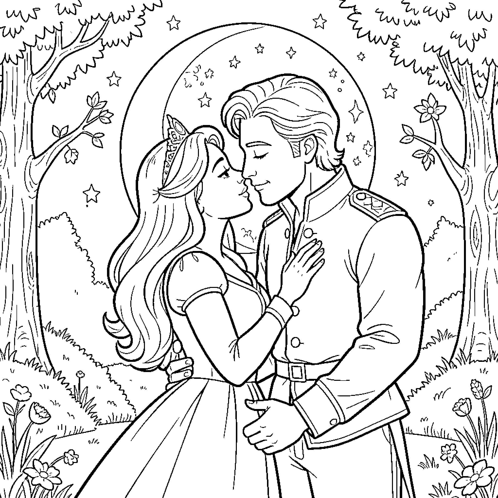 Sleeping Beauty and Prince embracing in a forest Coloring Page (free black-and-white line drawing printable PDF for all, from beginners to advanced learners, including children, teens, adults, and seniors)