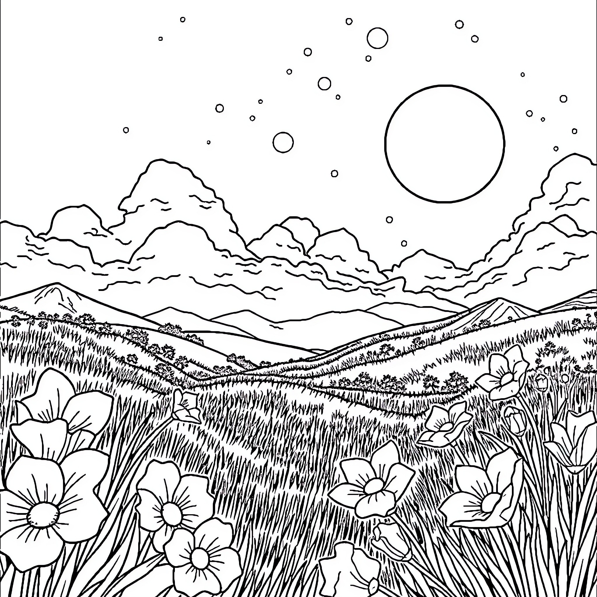 Better Meadow Scenery with Flowers Coloring Page (free black-and-white line drawing printable PDF for all, from beginners to advanced learners, including children, teens, adults, and seniors)