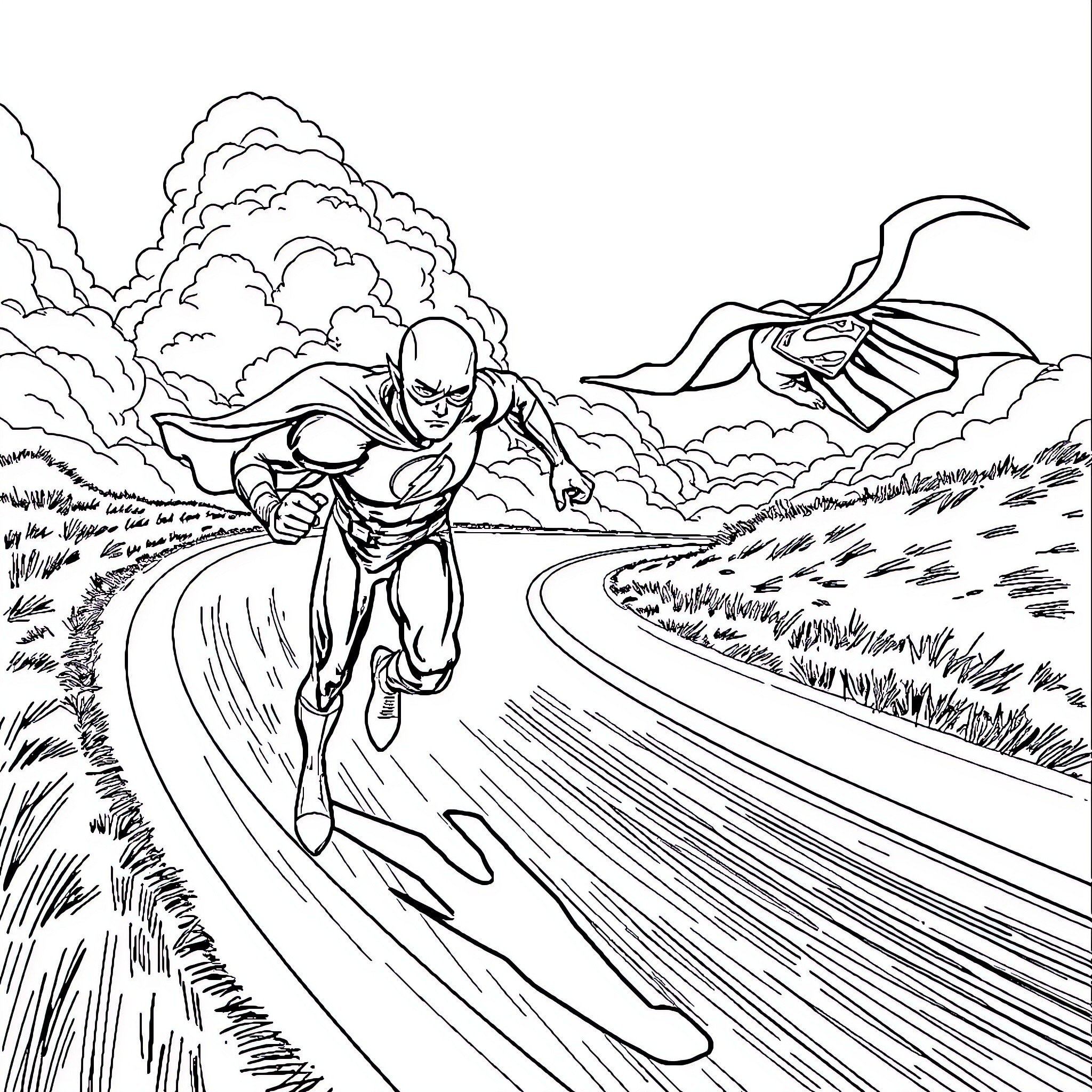 Flash chasing a mysterious creature through the countryside Coloring Page (free black-and-white line drawing printable PDF for all, from beginners to advanced learners, including children, teens, adults, and seniors)