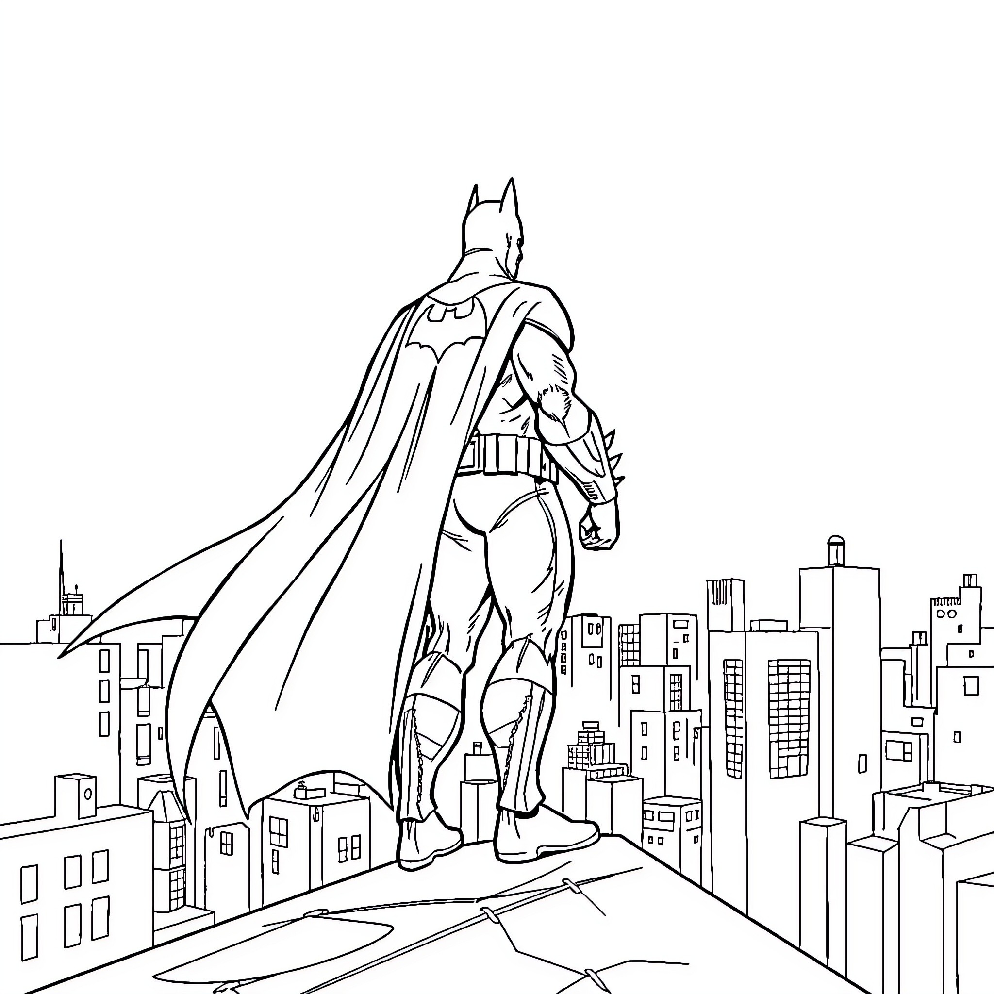 Batman standing heroically over the city skyline Coloring Page (free black-and-white line drawing printable PDF for all, from beginners to advanced learners, including children, teens, adults, and seniors)
