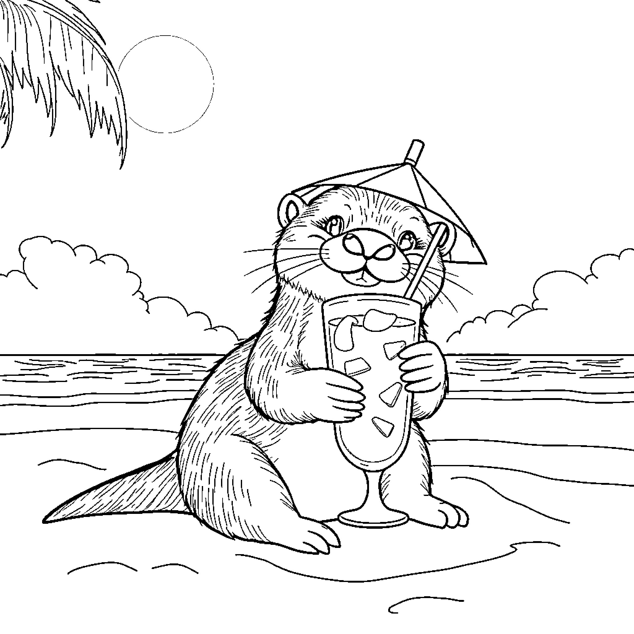 Otter enjoying a refreshing drink on the beach Coloring Page (free black-and-white line drawing printable PDF for all, from beginners to advanced learners, including children, teens, adults, and seniors)