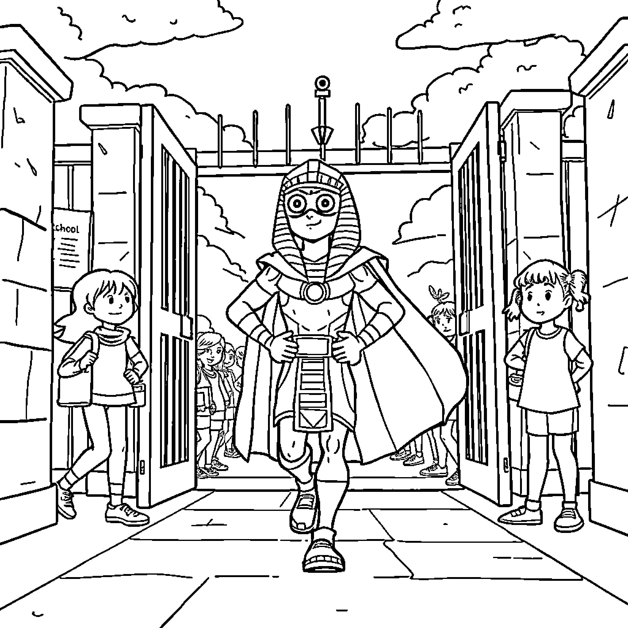 Superhero in ancient Egyptian attire with children Coloring Page (free black-and-white line drawing printable PDF for all, from beginners to advanced learners, including children, teens, adults, and seniors)
