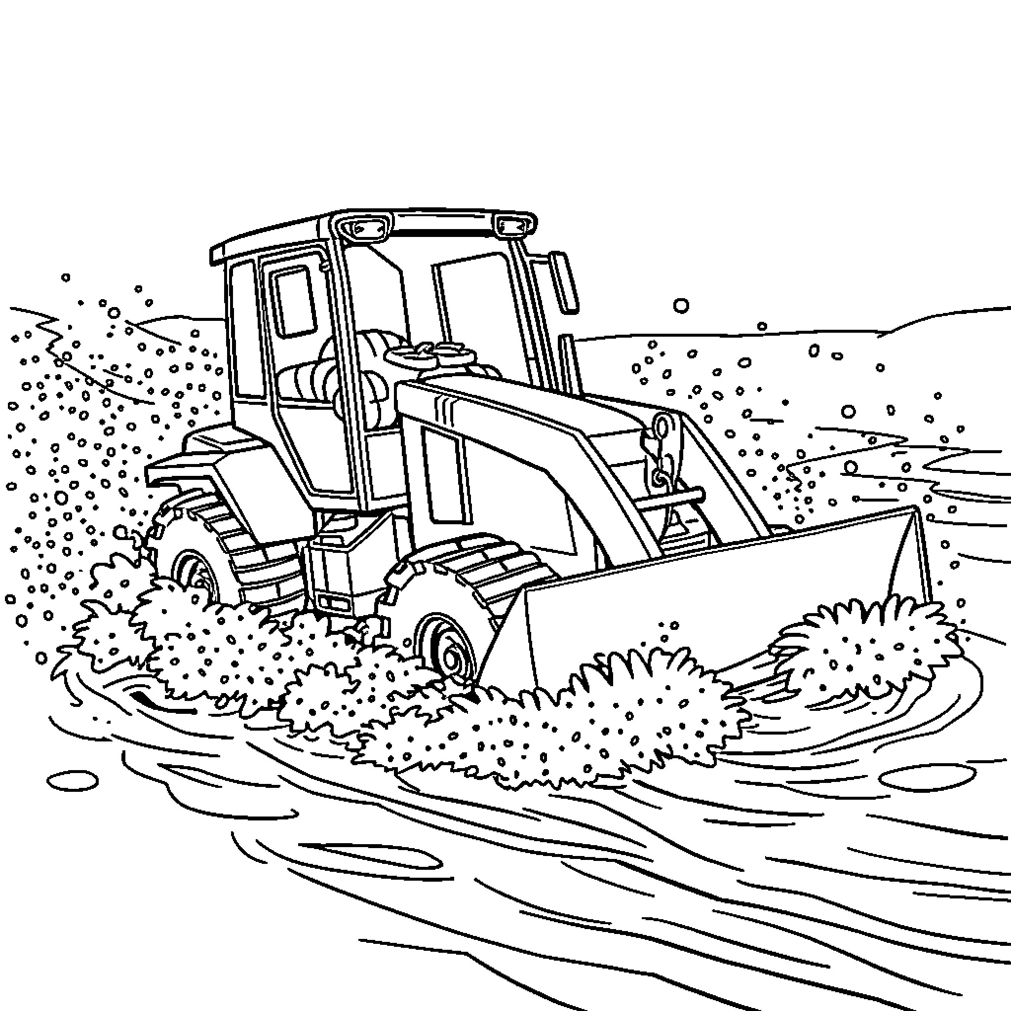 Skidsteer clearing snow and debris from road Coloring Page (free black-and-white line drawing printable PDF for all, from beginners to advanced learners, including children, teens, adults, and seniors)