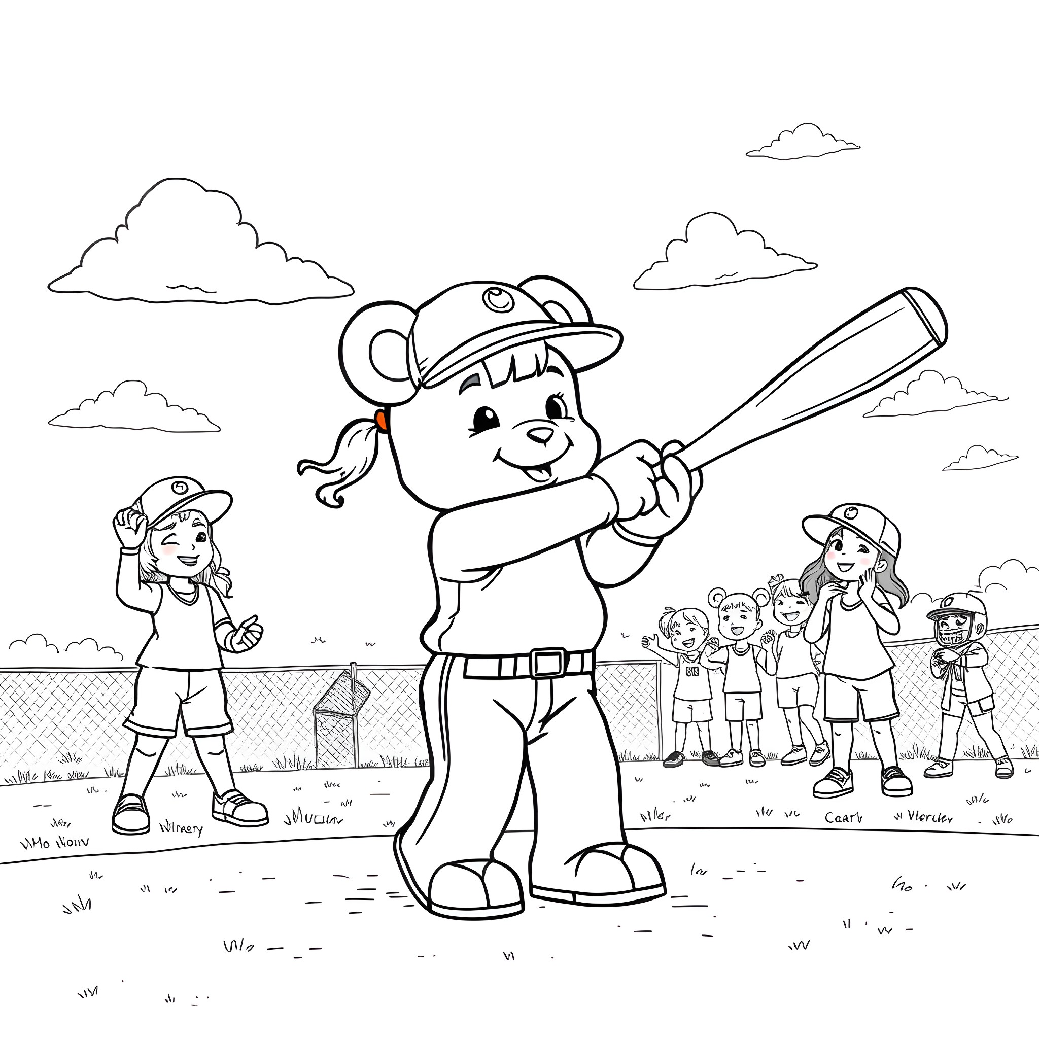 Bearbrick baseball player on the field with teammates Coloring Page (free black-and-white line drawing printable PDF for all, from beginners to advanced learners, including children, teens, adults, and seniors)