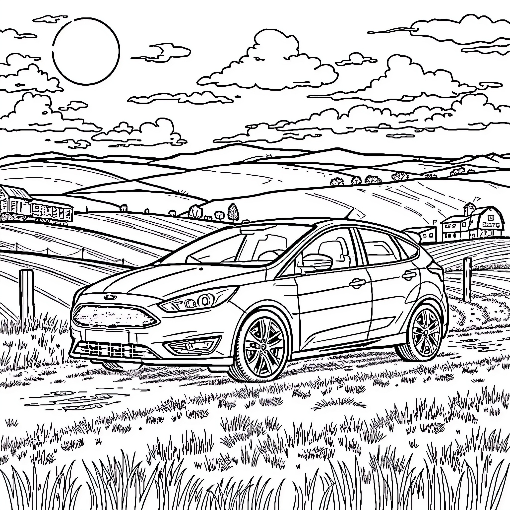 Ford vehicle driving through scenic countryside landscape Coloring Page (free black-and-white line drawing printable PDF for all, from beginners to advanced learners, including children, teens, adults, and seniors)