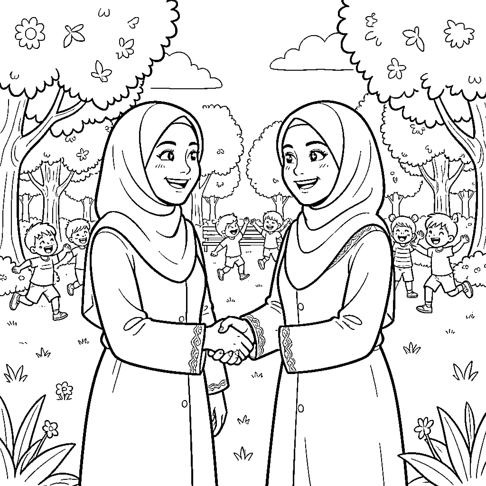 Woman in hijabs greeting each other in nature Coloring Page (free black-and-white line drawing printable PDF for all, from beginners to advanced learners, including children, teens, adults, and seniors)