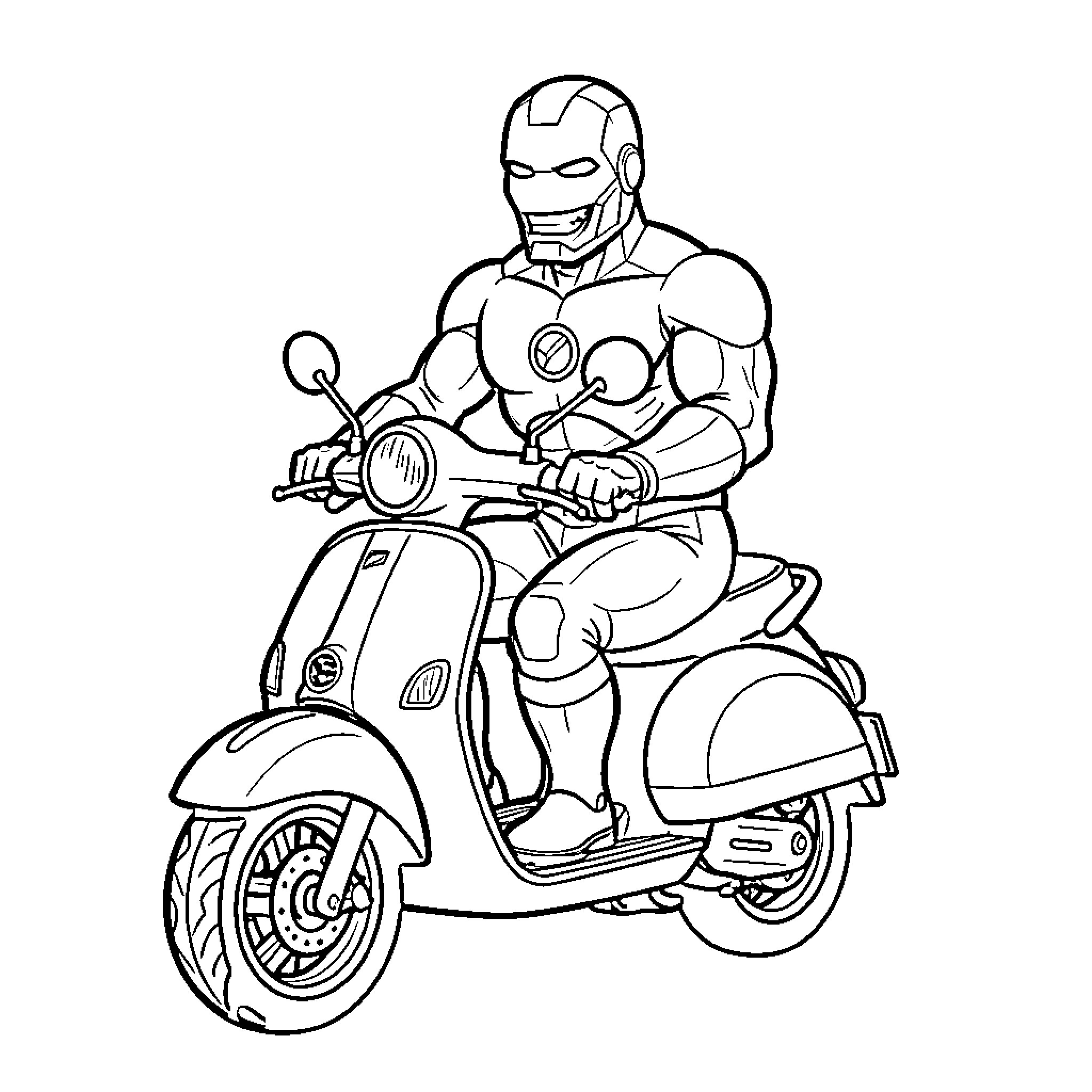 Ironman riding a scooter Coloring Page (free black-and-white line drawing printable PDF for all, from beginners to advanced learners, including children, teens, adults, and seniors)