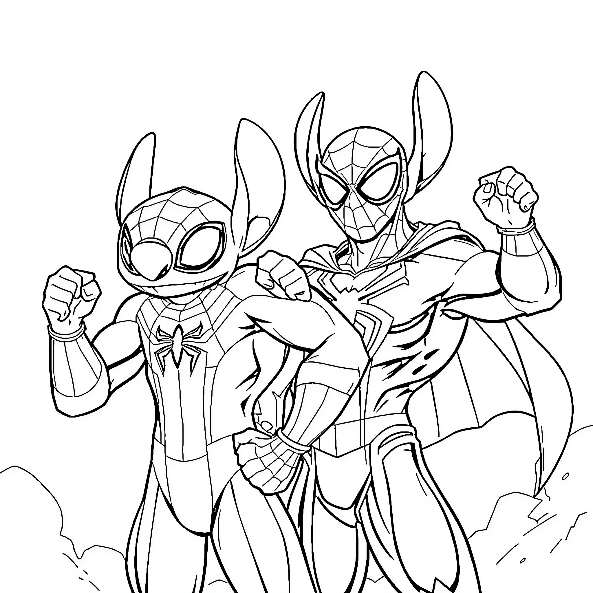 Spider-Man and Stitch: Heroic Duo in Action Coloring Page (free black-and-white line drawing printable PDF for all, from beginners to advanced learners, including children, teens, adults, and seniors)