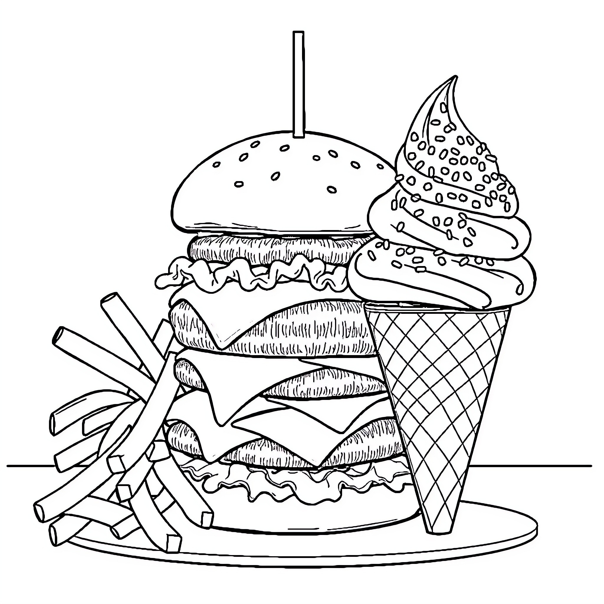 Cheeseburger and Dessert Assortment Coloring Page (free black-and-white line drawing printable PDF for all, from beginners to advanced learners, including children, teens, adults, and seniors)
