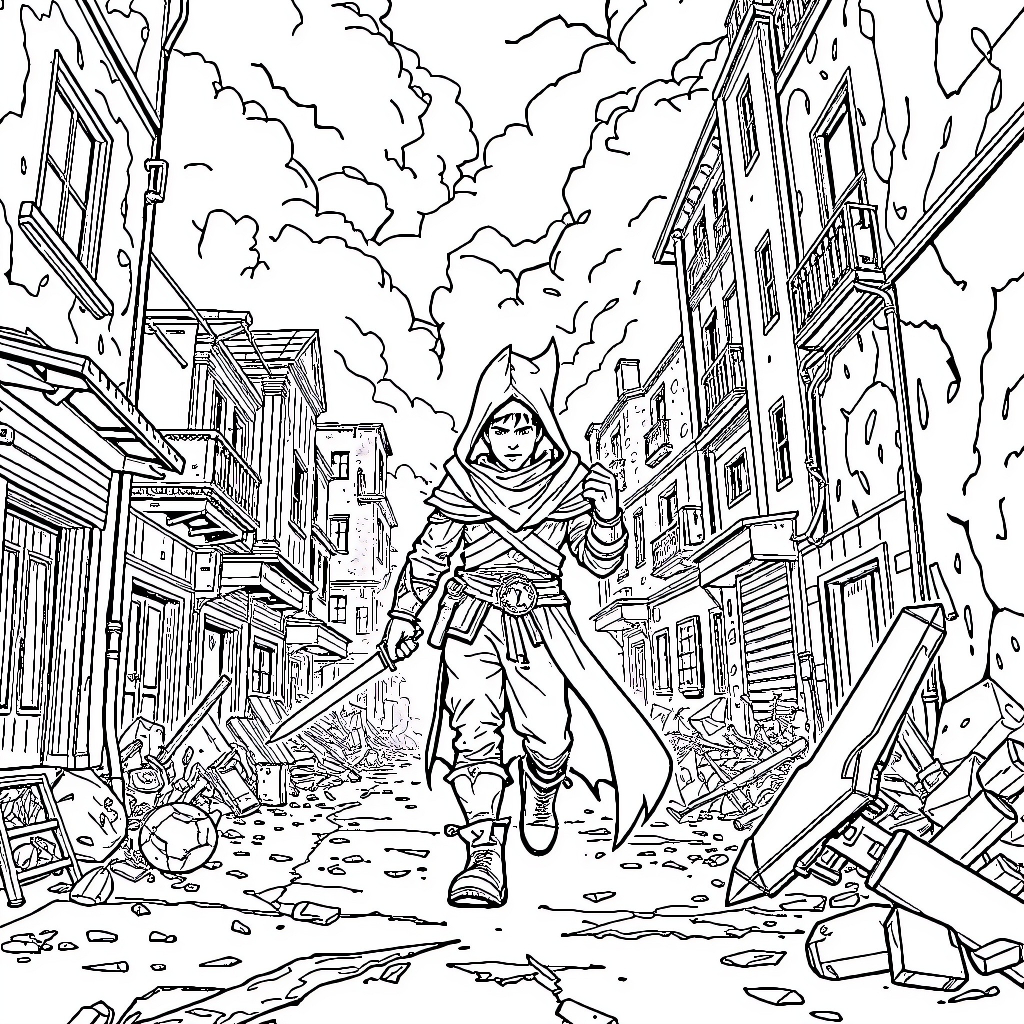 Espadachin in the Aftermath of Battle Coloring Page (free black-and-white line drawing printable PDF for all, from beginners to advanced learners, including children, teens, adults, and seniors)