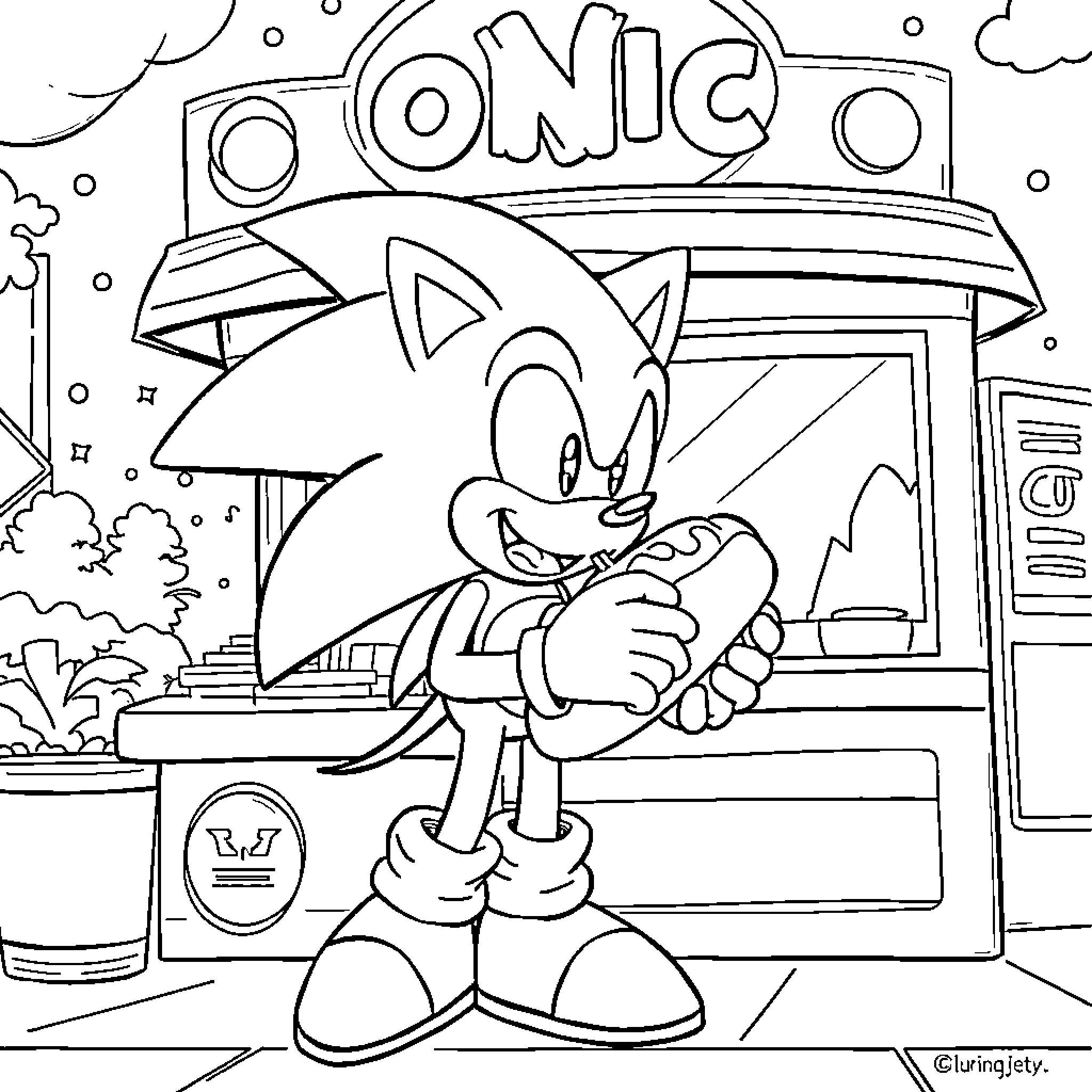 Sonic relaxing at a Sonic fast food restaurant Coloring Page (free black-and-white line drawing printable PDF for all, from beginners to advanced learners, including children, teens, adults, and seniors)