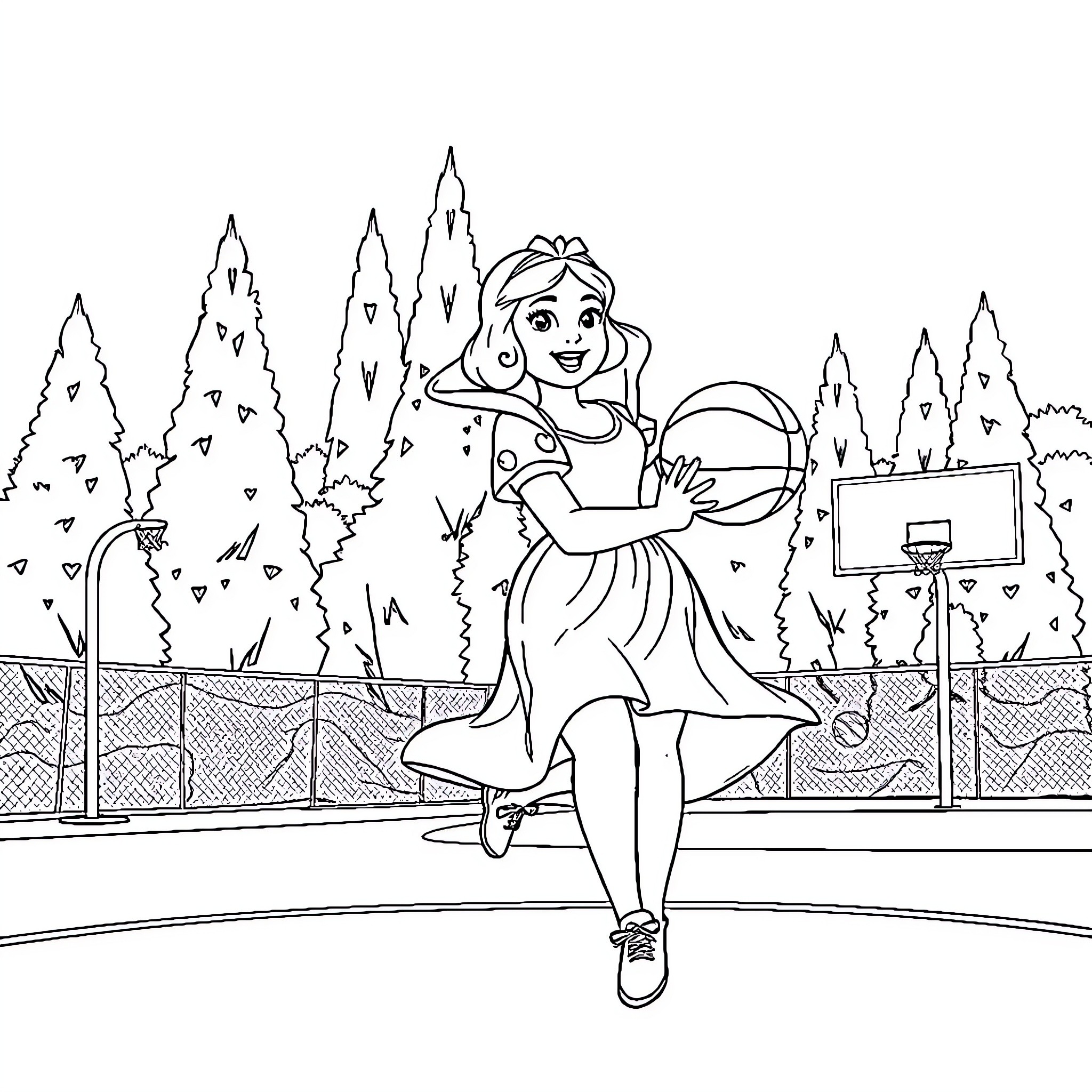 Snow White playing basketball in the forest Coloring Page (free black-and-white line drawing printable PDF for all, from beginners to advanced learners, including children, teens, adults, and seniors)