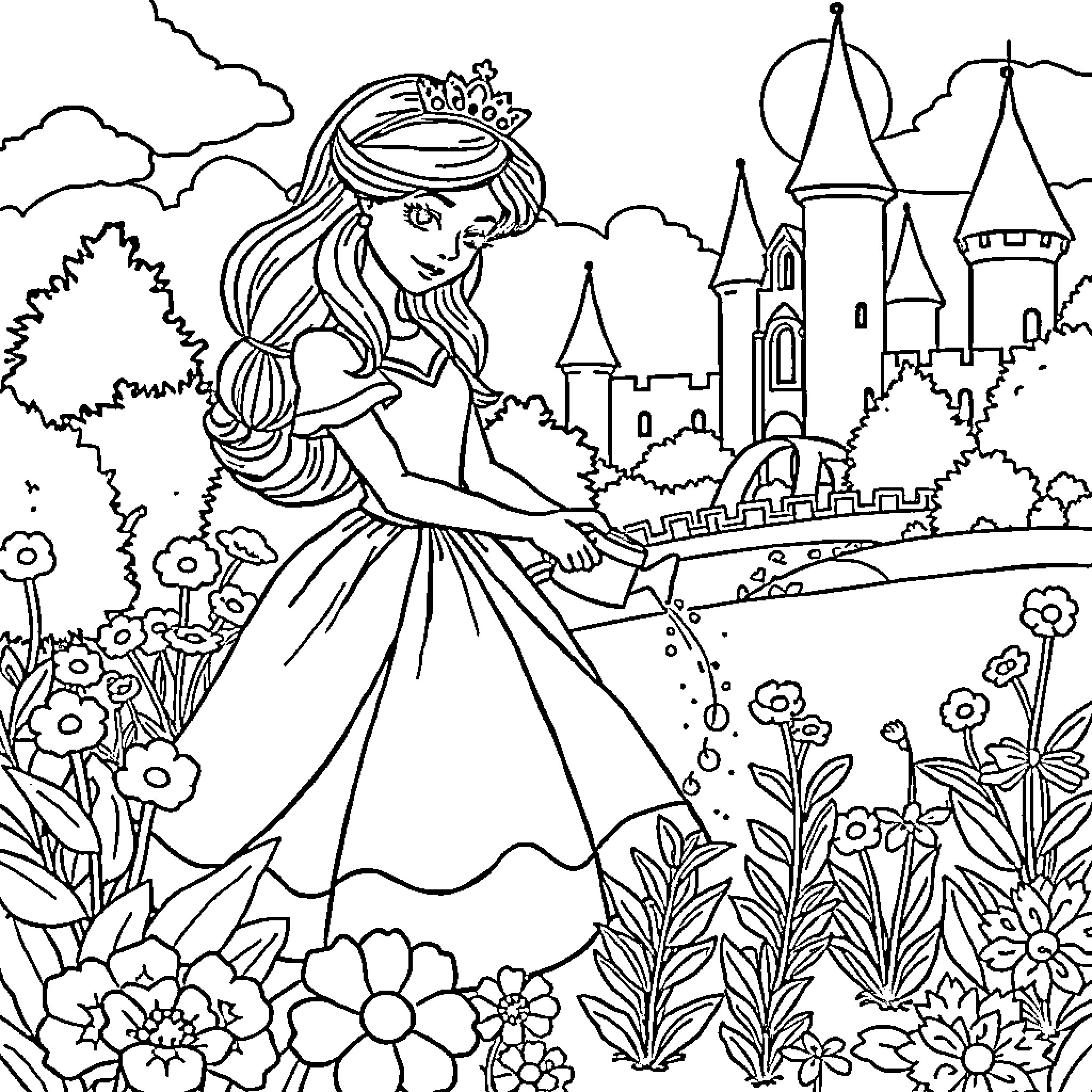 Princess Explores the Enchanting Castle Garden Coloring Page (free black-and-white line drawing printable PDF for all, from beginners to advanced learners, including children, teens, adults, and seniors)