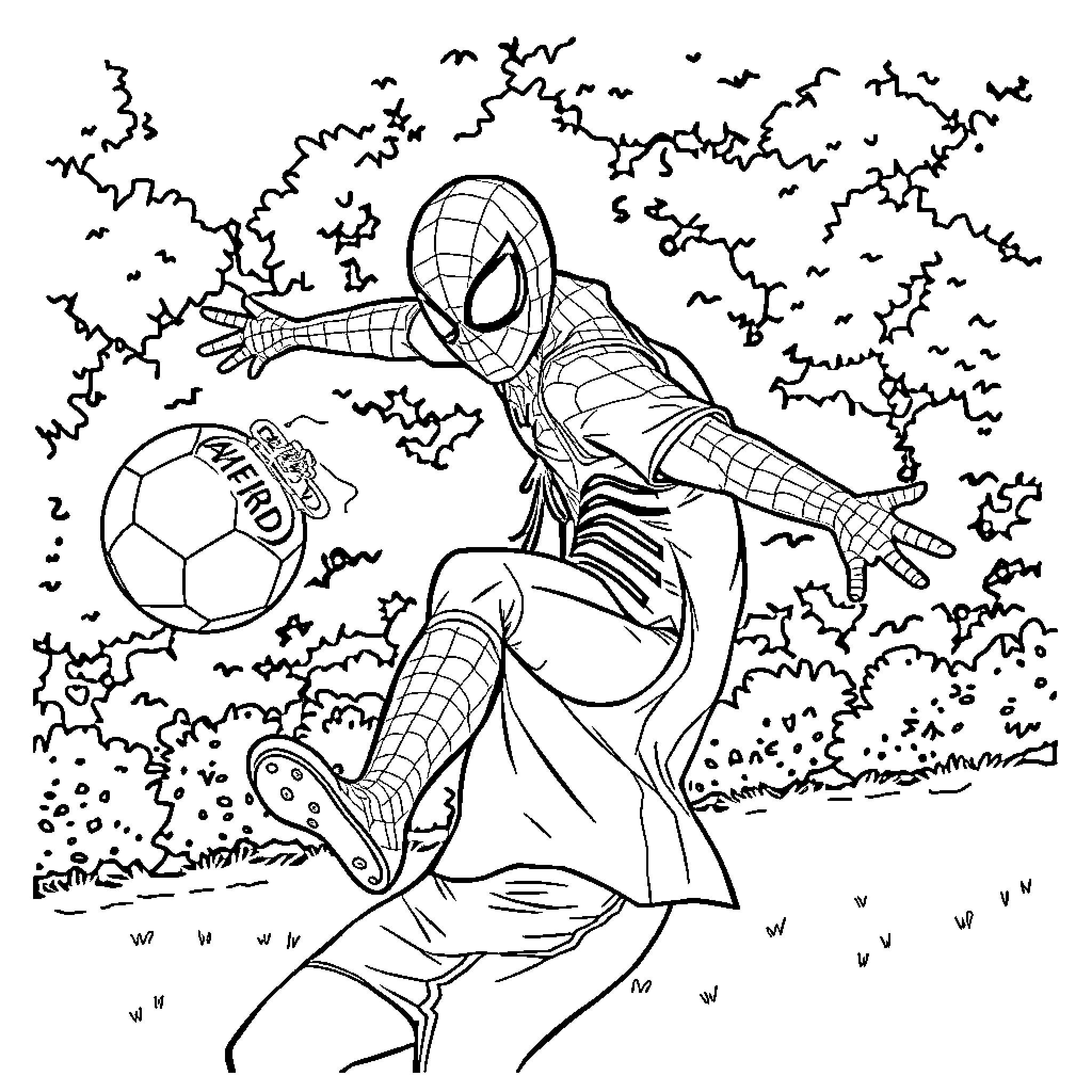 Spiderman Playing Soccer Amidst Bats Coloring Page (free black-and-white line drawing printable PDF for all, from beginners to advanced learners, including children, teens, adults, and seniors)