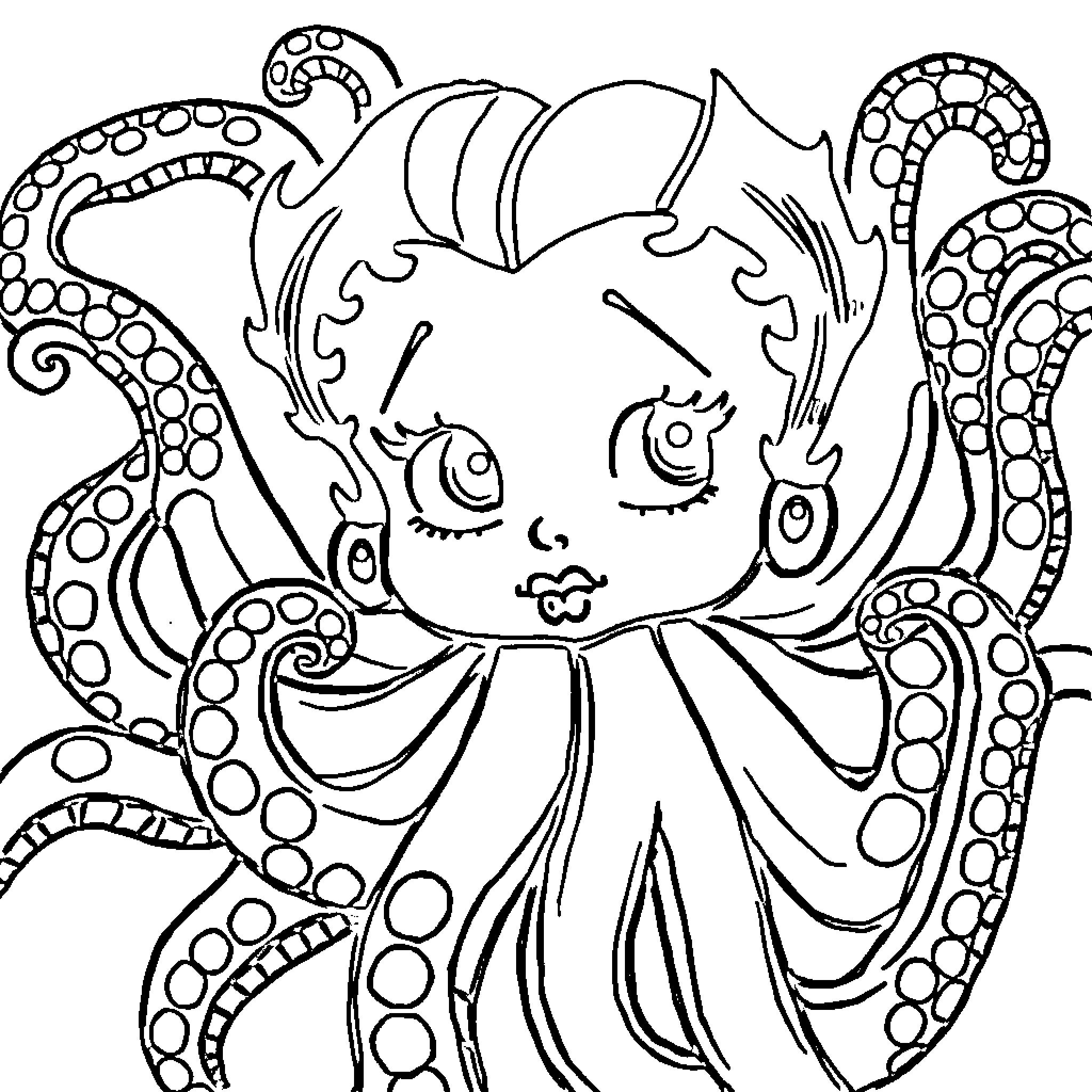 Betty Boop in Whimsical Octopus Outfit Coloring Page (free black-and-white line drawing printable PDF for all, from beginners to advanced learners, including children, teens, adults, and seniors)