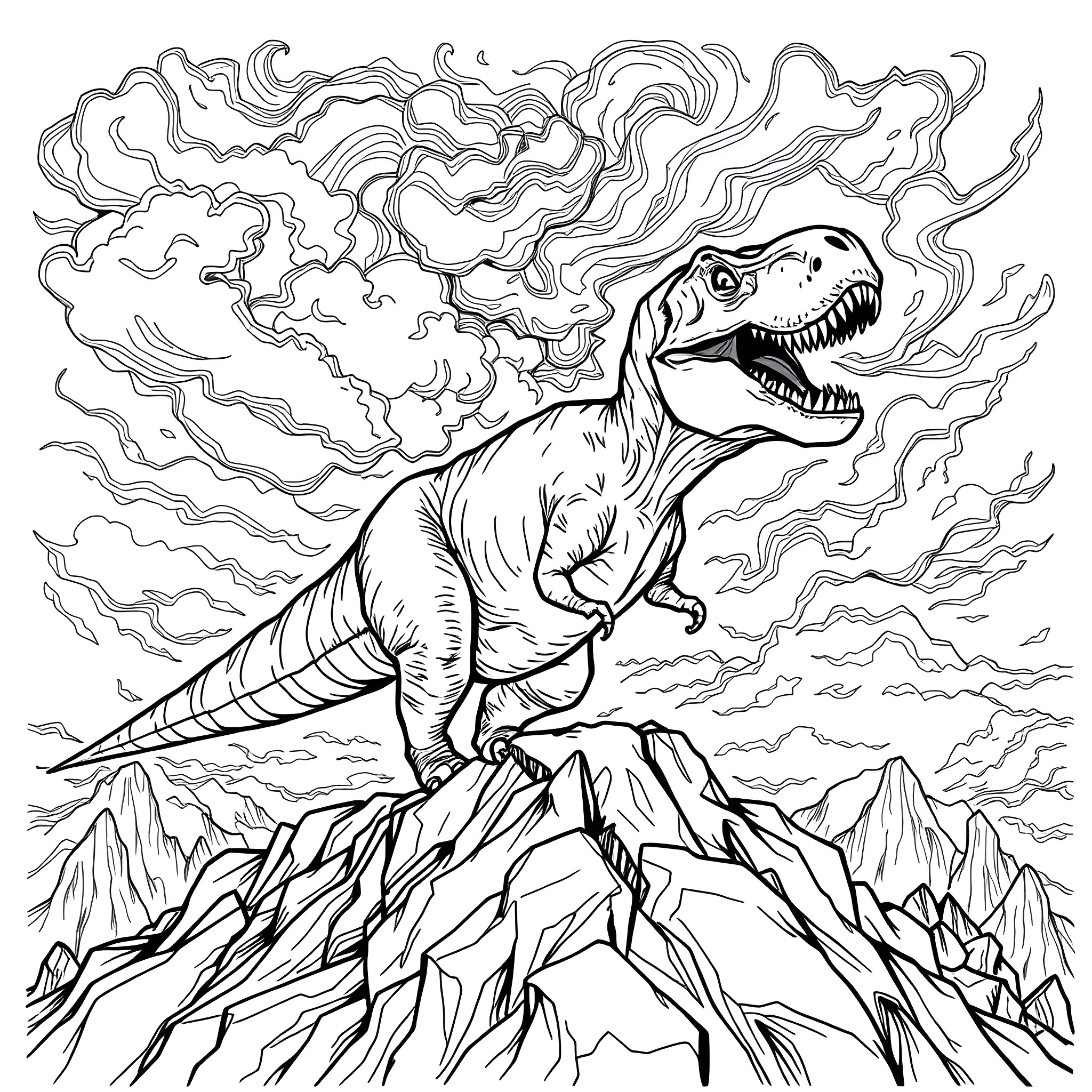 T-Rex Roaring Atop a Rugged Mountain Landscape Coloring Page (free black-and-white line drawing printable PDF for all, from beginners to advanced learners, including children, teens, adults, and seniors)