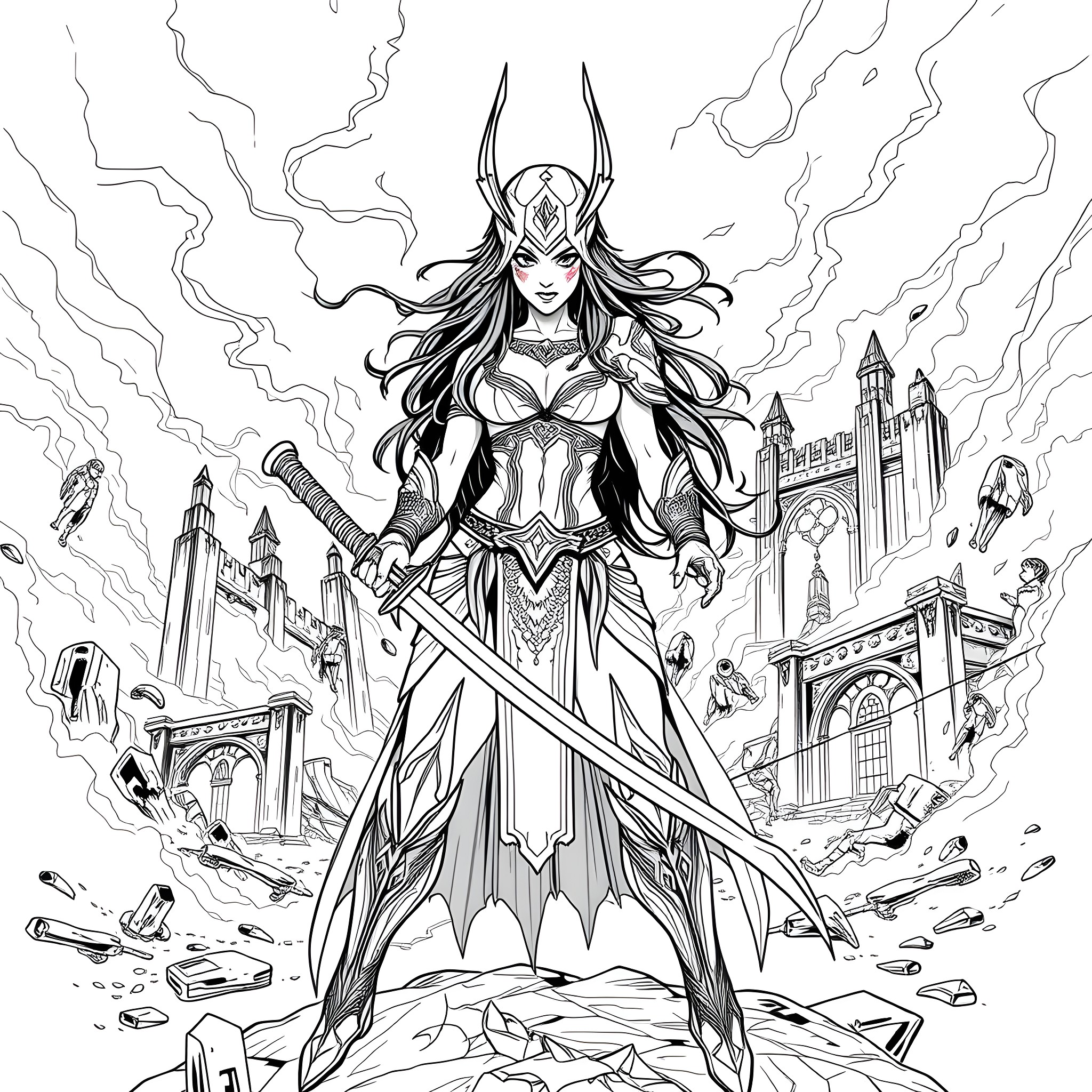 Mileena, the Fierce Warrior Queen Coloring Page (free black-and-white line drawing printable PDF for all, from beginners to advanced learners, including children, teens, adults, and seniors)