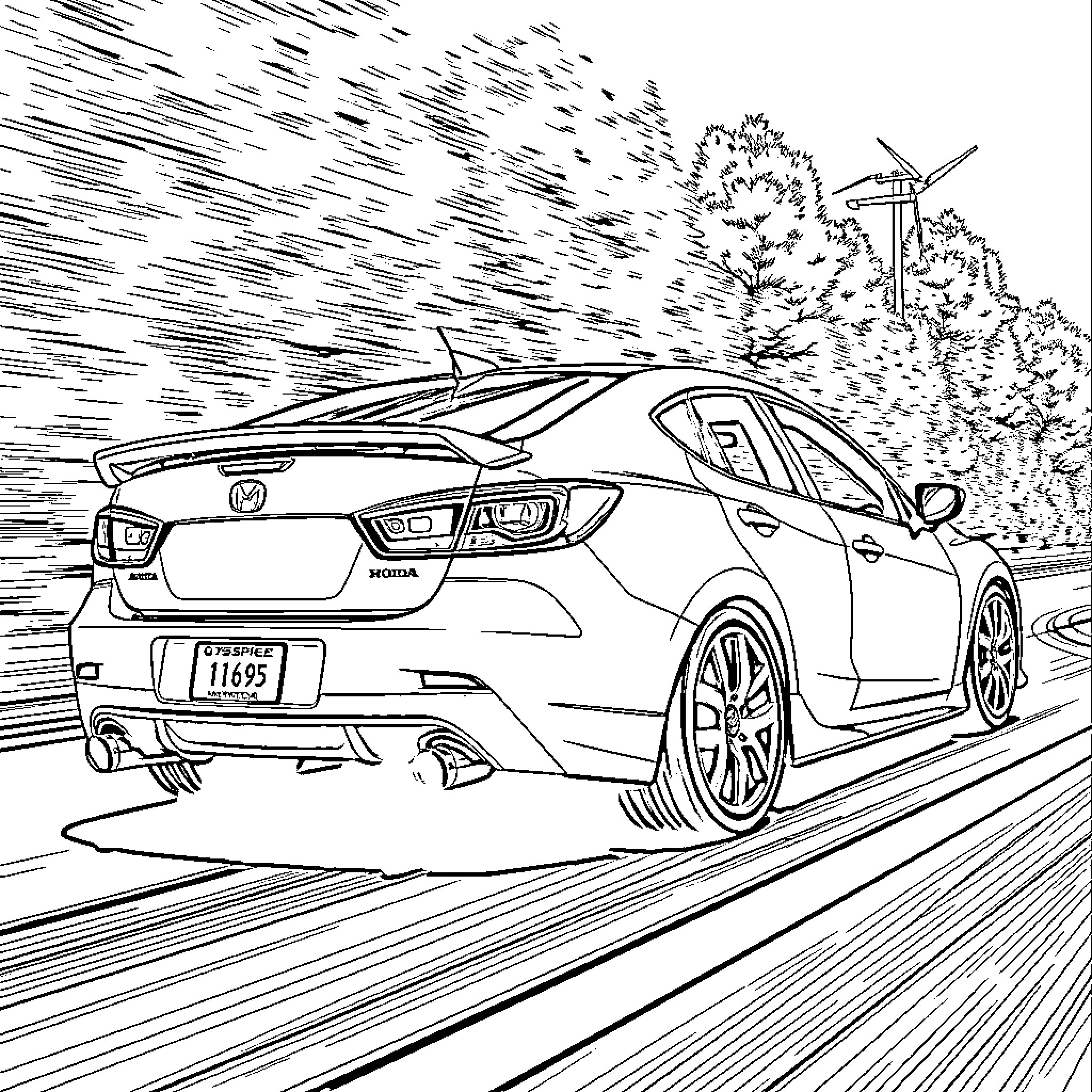 Car speeding through the countryside Coloring Page (free black-and-white line drawing printable PDF for all, from beginners to advanced learners, including children, teens, adults, and seniors)