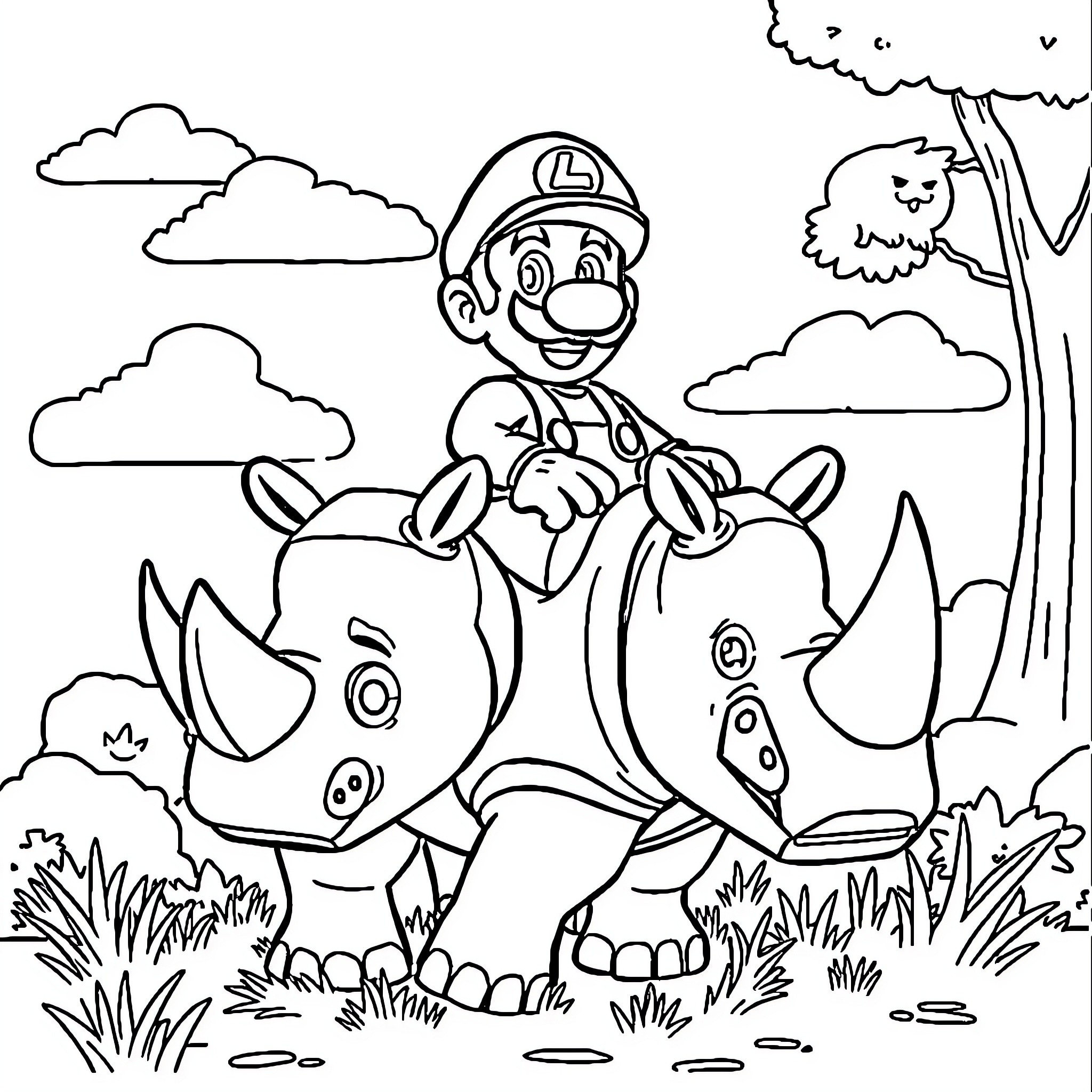 Luigi's Adventure with Friendly Rhinos in the Wilderness Coloring Page (free black-and-white line drawing printable PDF for all, from beginners to advanced learners, including children, teens, adults, and seniors)