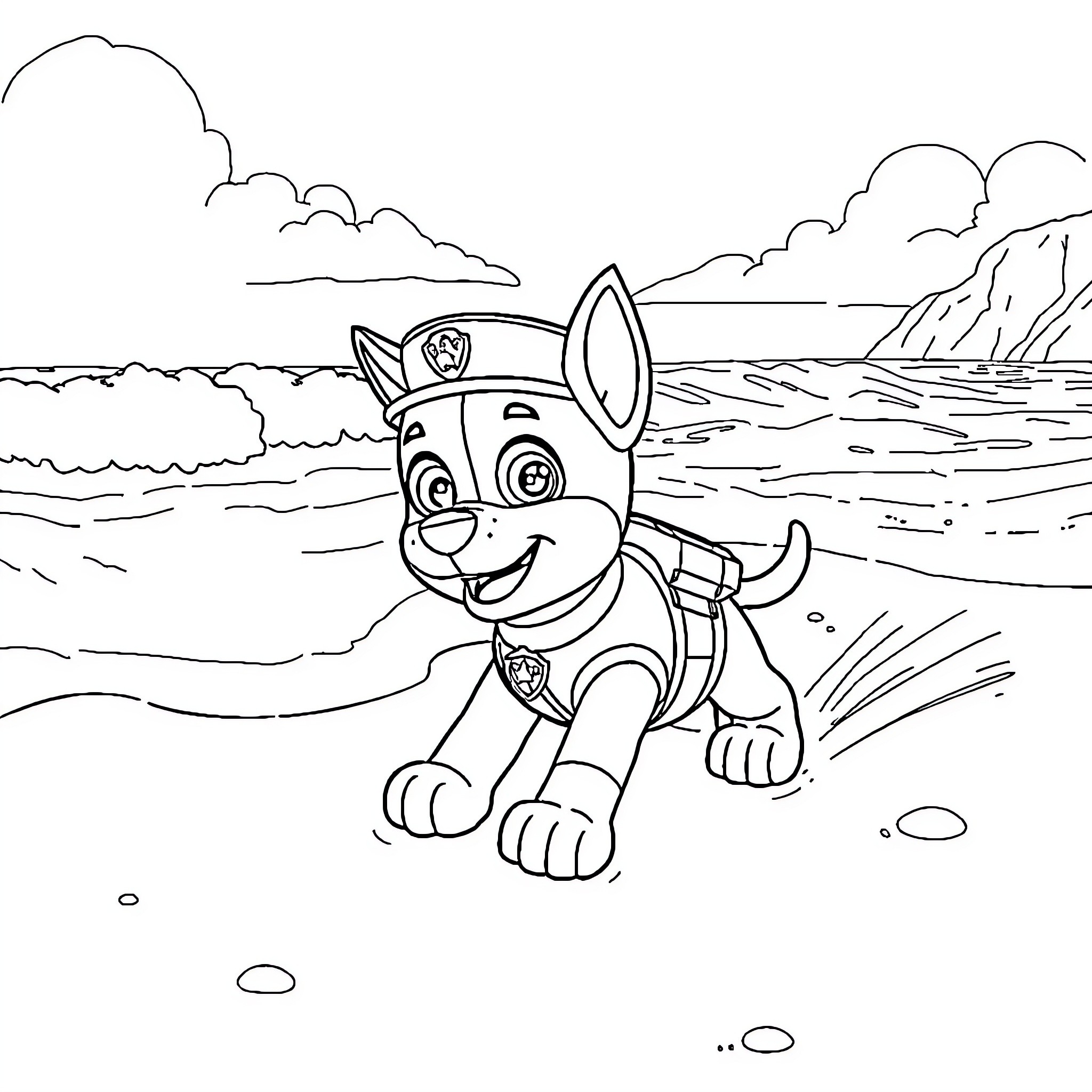 Chase the Pup's Seaside Adventure Coloring Page (free black-and-white line drawing printable PDF for all, from beginners to advanced learners, including children, teens, adults, and seniors)