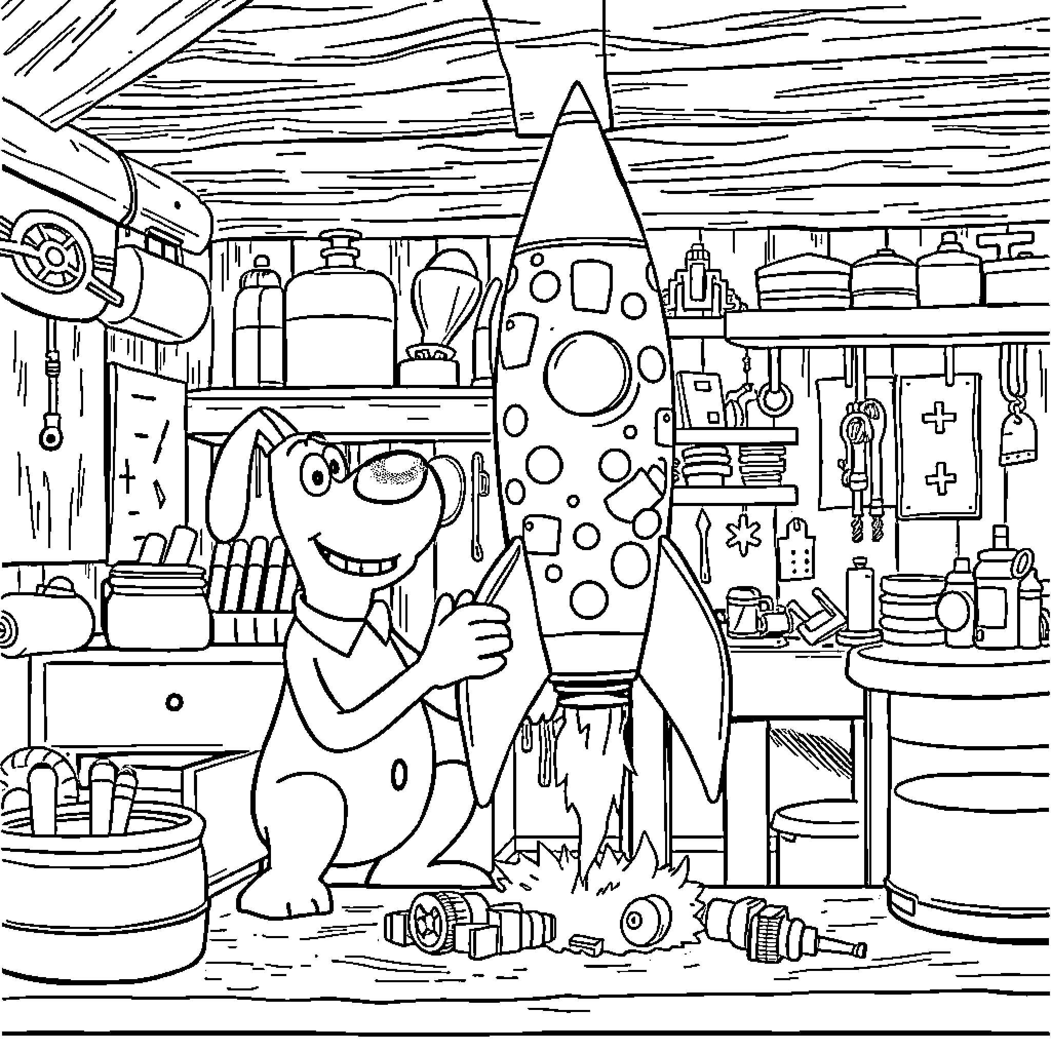Wallace's Whimsical Workshop with Rocket Coloring Page (free black-and-white line drawing printable PDF for all, from beginners to advanced learners, including children, teens, adults, and seniors)