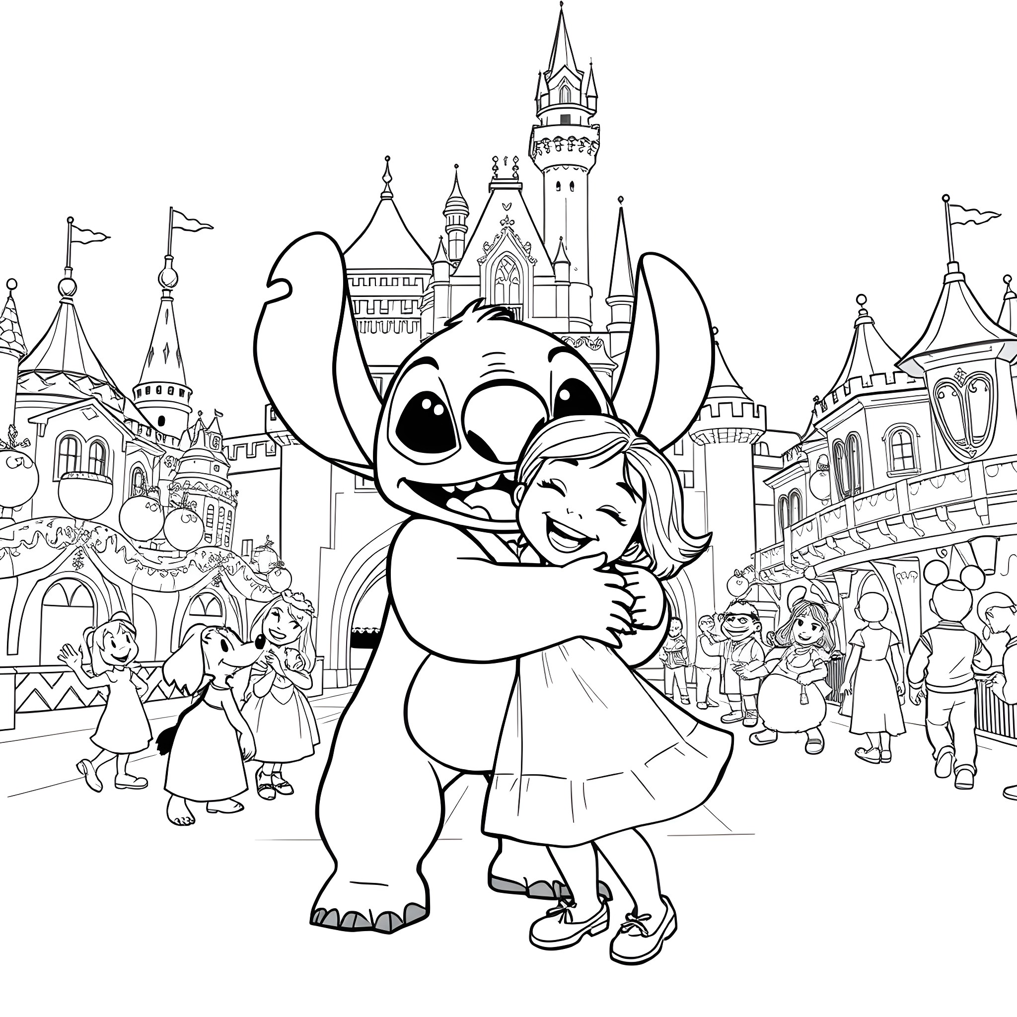 Stitch embracing a child in a magical Disney-themed park Coloring Page (free black-and-white line drawing printable PDF for all, from beginners to advanced learners, including children, teens, adults, and seniors)