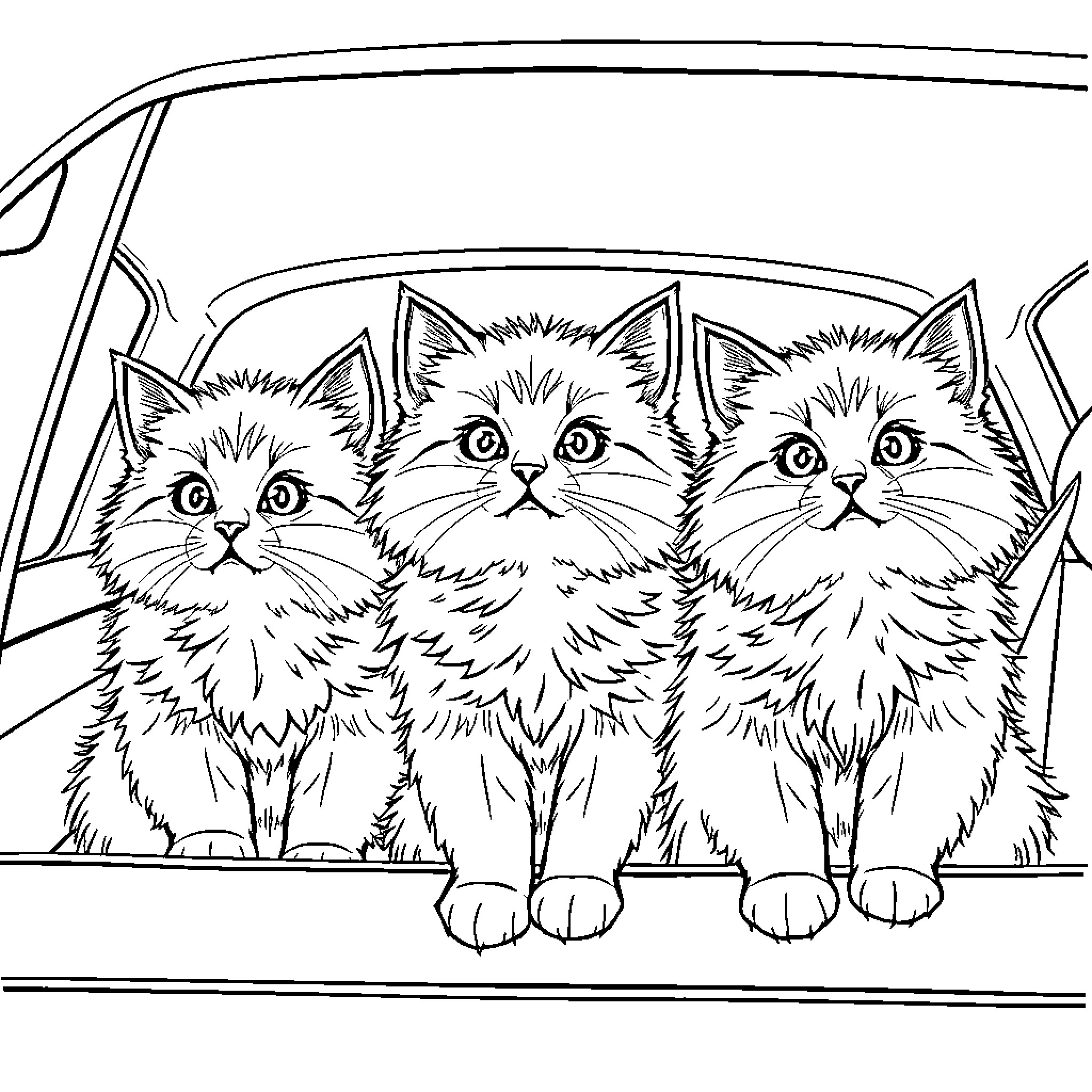 Cat trio peeking out from car window Coloring Page (free black-and-white line drawing printable PDF for all, from beginners to advanced learners, including children, teens, adults, and seniors)