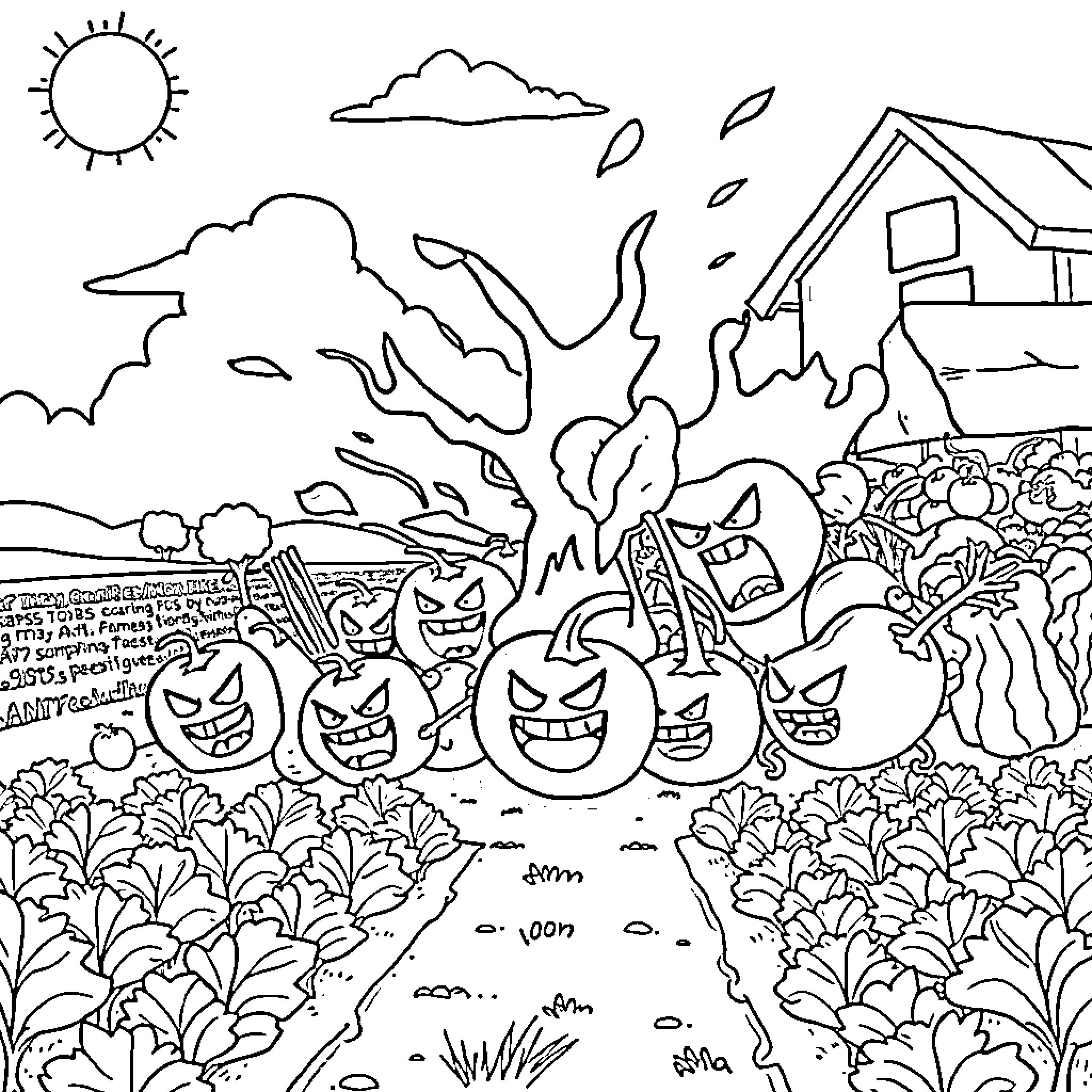 Fruit-themed Halloween scene with spooky pumpkin characters Coloring Page (free black-and-white line drawing printable PDF for all, from beginners to advanced learners, including children, teens, adults, and seniors)