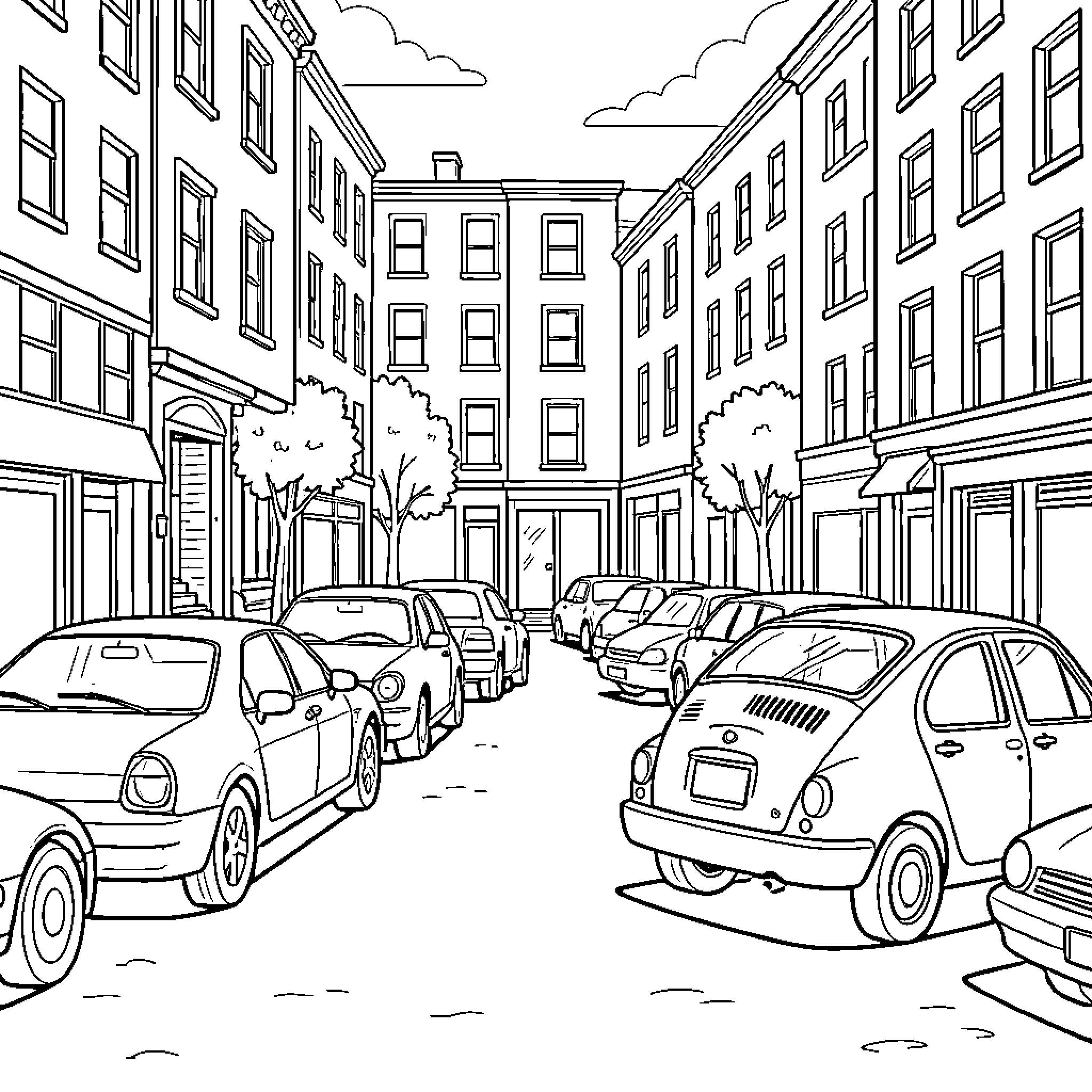 Car parked on a city street with buildings Coloring Page (free black-and-white line drawing printable PDF for all, from beginners to advanced learners, including children, teens, adults, and seniors)