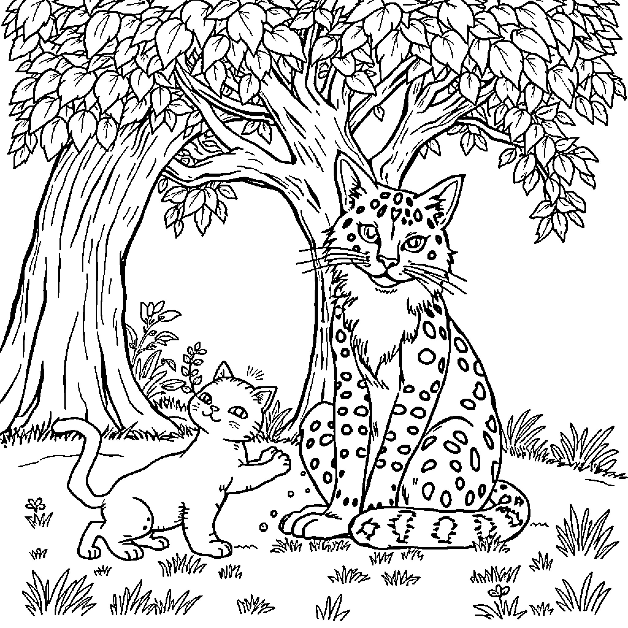 Cats exploring the forest Coloring Page (free black-and-white line drawing printable PDF for all, from beginners to advanced learners, including children, teens, adults, and seniors)