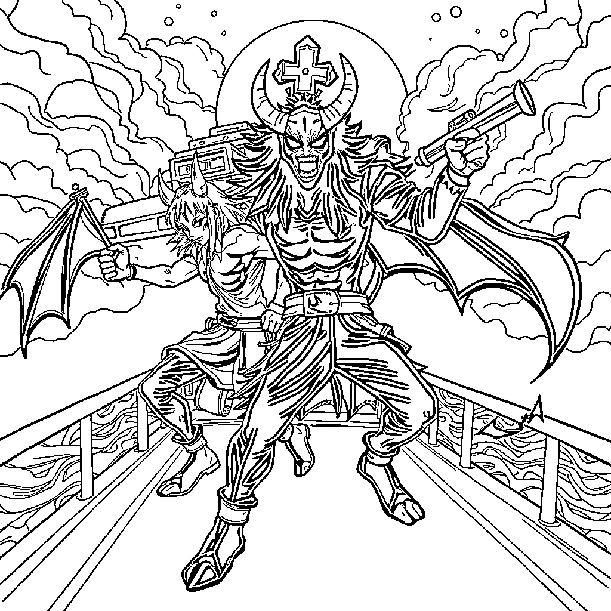 Demon Hunter with Firearms and Demonic Appearance Coloring Page (free black-and-white line drawing printable PDF for all, from beginners to advanced learners, including children, teens, adults, and seniors)