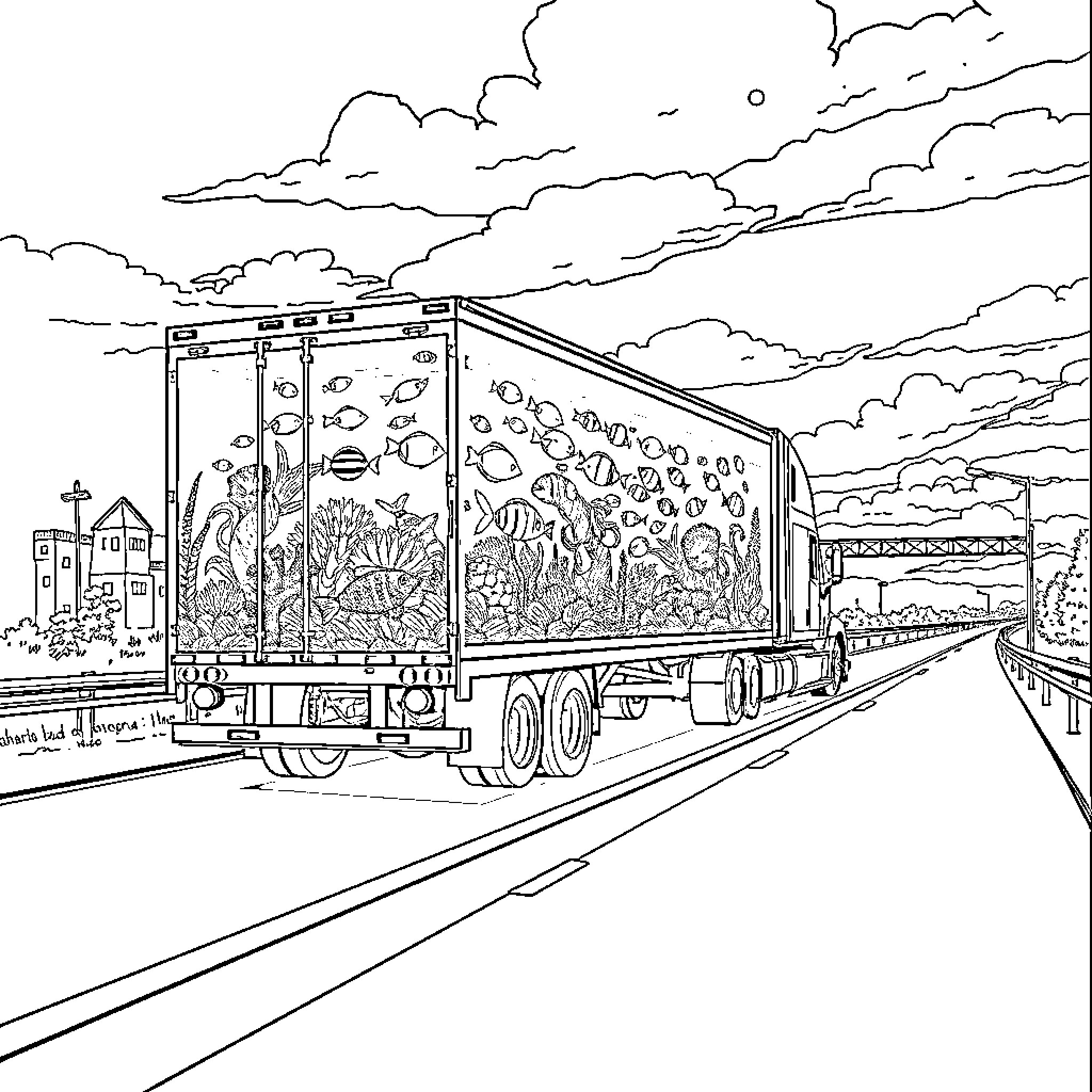 Semi Trailer Transporting Vivid Artwork on Highway Coloring Page (free black-and-white line drawing printable PDF for all, from beginners to advanced learners, including children, teens, adults, and seniors)