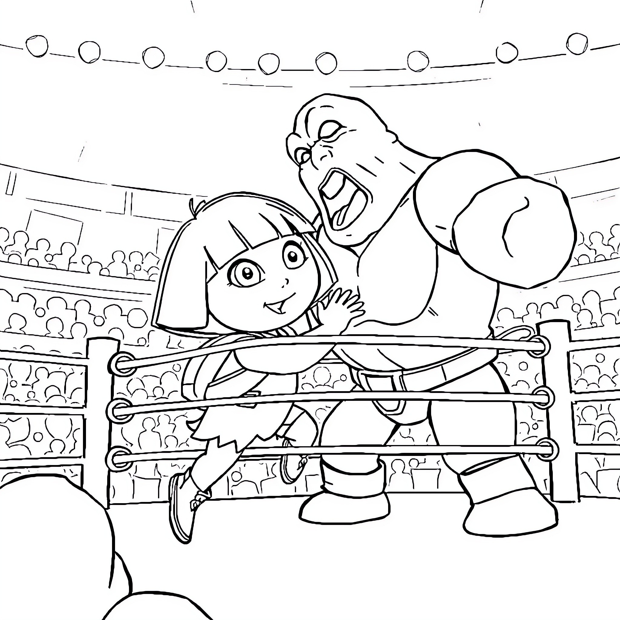 Dora and wrestler in the ring Coloring Page (free black-and-white line drawing printable PDF for all, from beginners to advanced learners, including children, teens, adults, and seniors)