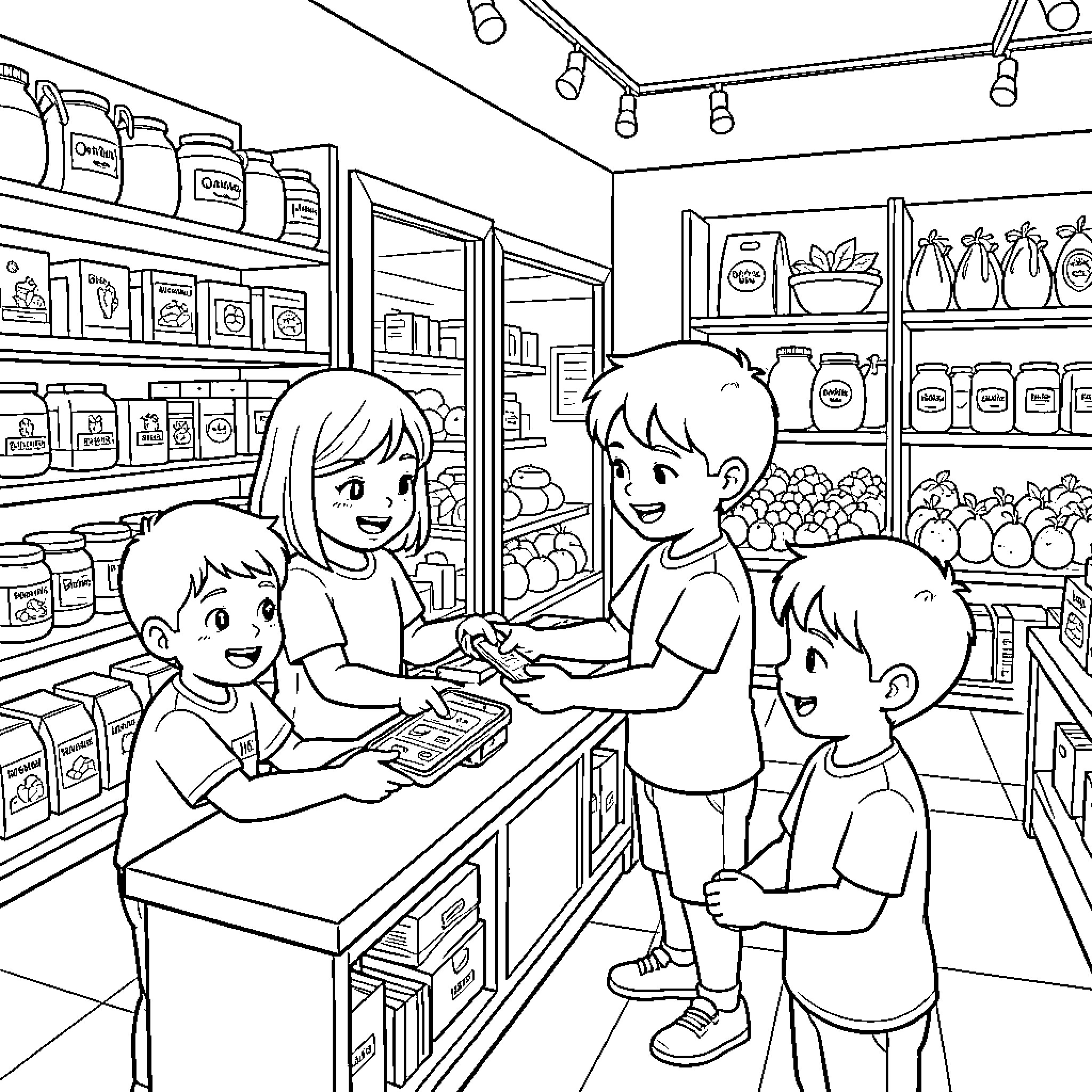Anak buying groceries at a local convenience store Coloring Page (free black-and-white line drawing printable PDF for all, from beginners to advanced learners, including children, teens, adults, and seniors)