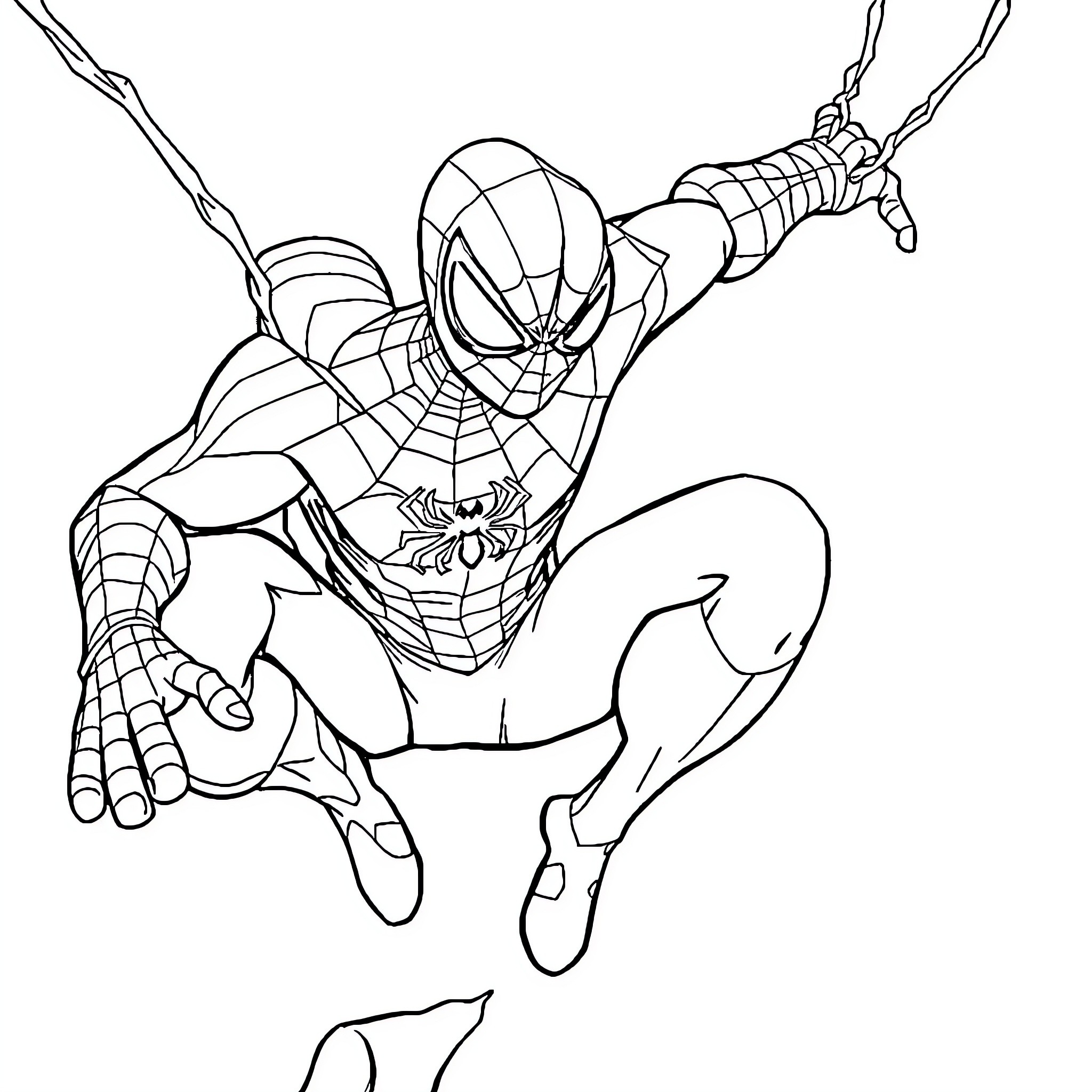 Spider-Man swinging into action Coloring Page (free black-and-white line drawing printable PDF for all, from beginners to advanced learners, including children, teens, adults, and seniors)
