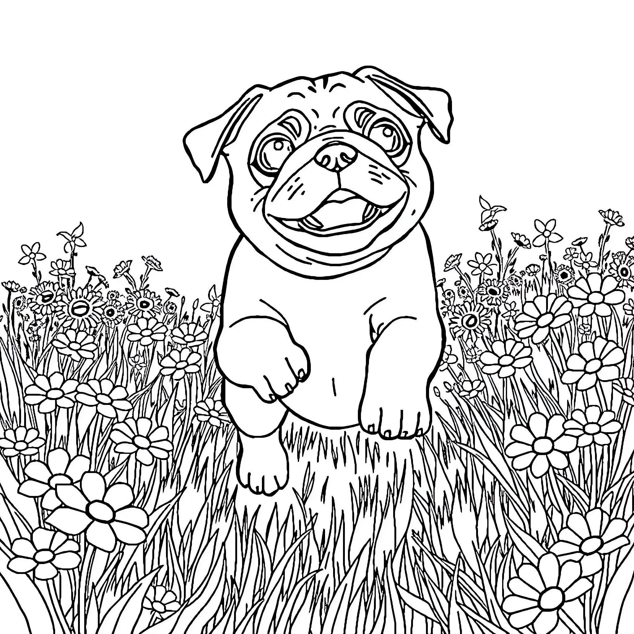 Pug enjoying a flower-filled meadow Coloring Page (free black-and-white line drawing printable PDF for all, from beginners to advanced learners, including children, teens, adults, and seniors)