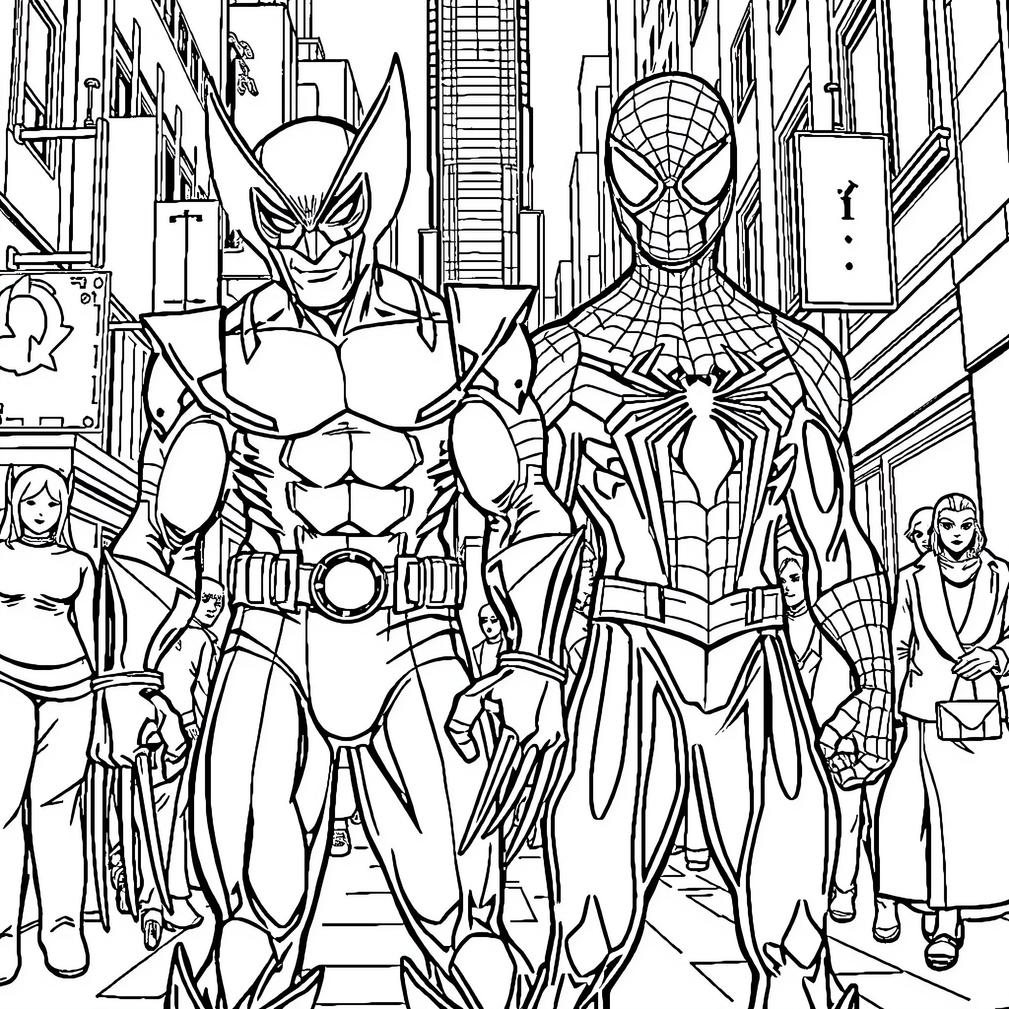 Wolverine and Spider-Man in action-packed city scene Coloring Page (free black-and-white line drawing printable PDF for all, from beginners to advanced learners, including children, teens, adults, and seniors)