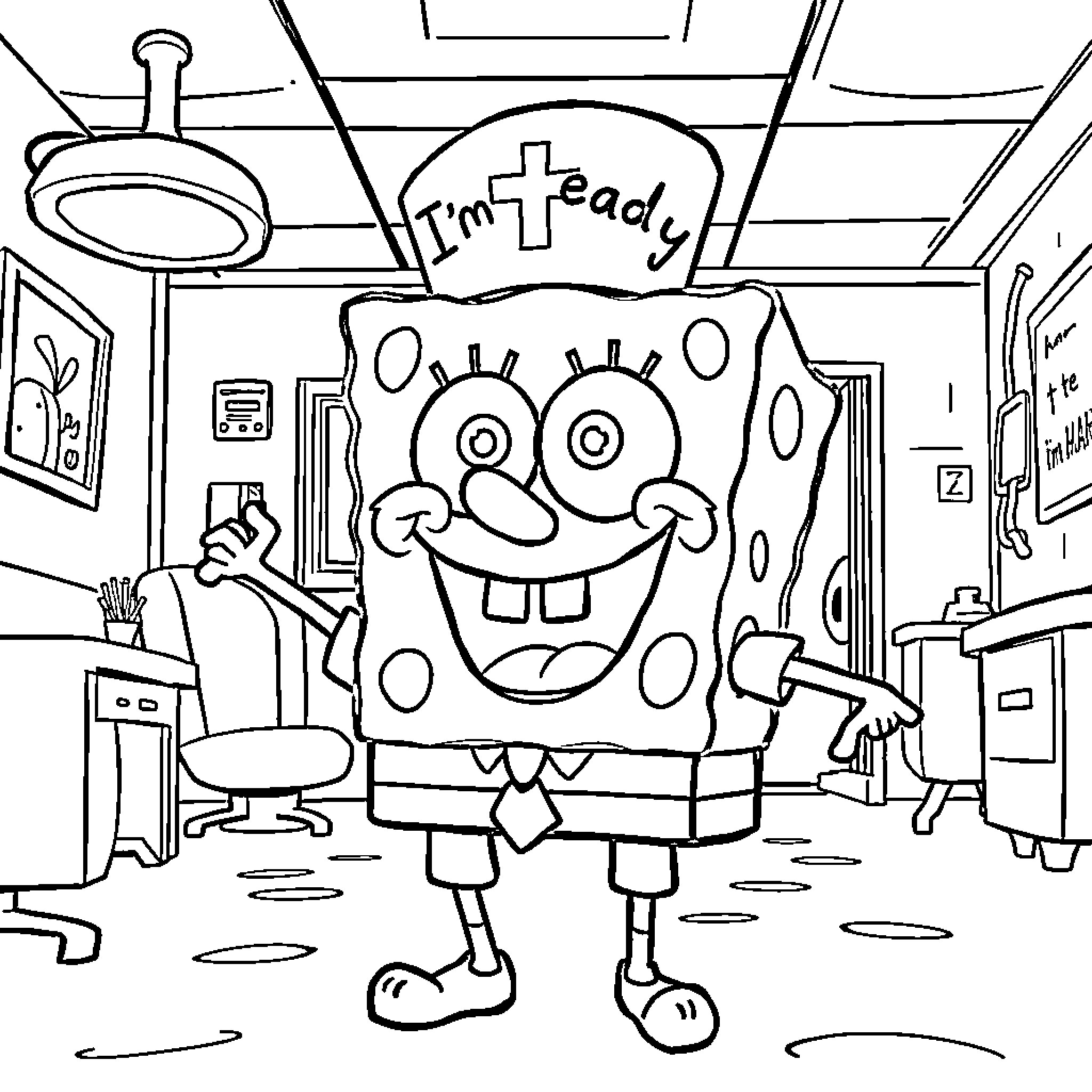 Spongebob's ready for a checkup at the doctor's office Coloring Page (free black-and-white line drawing printable PDF for all, from beginners to advanced learners, including children, teens, adults, and seniors)