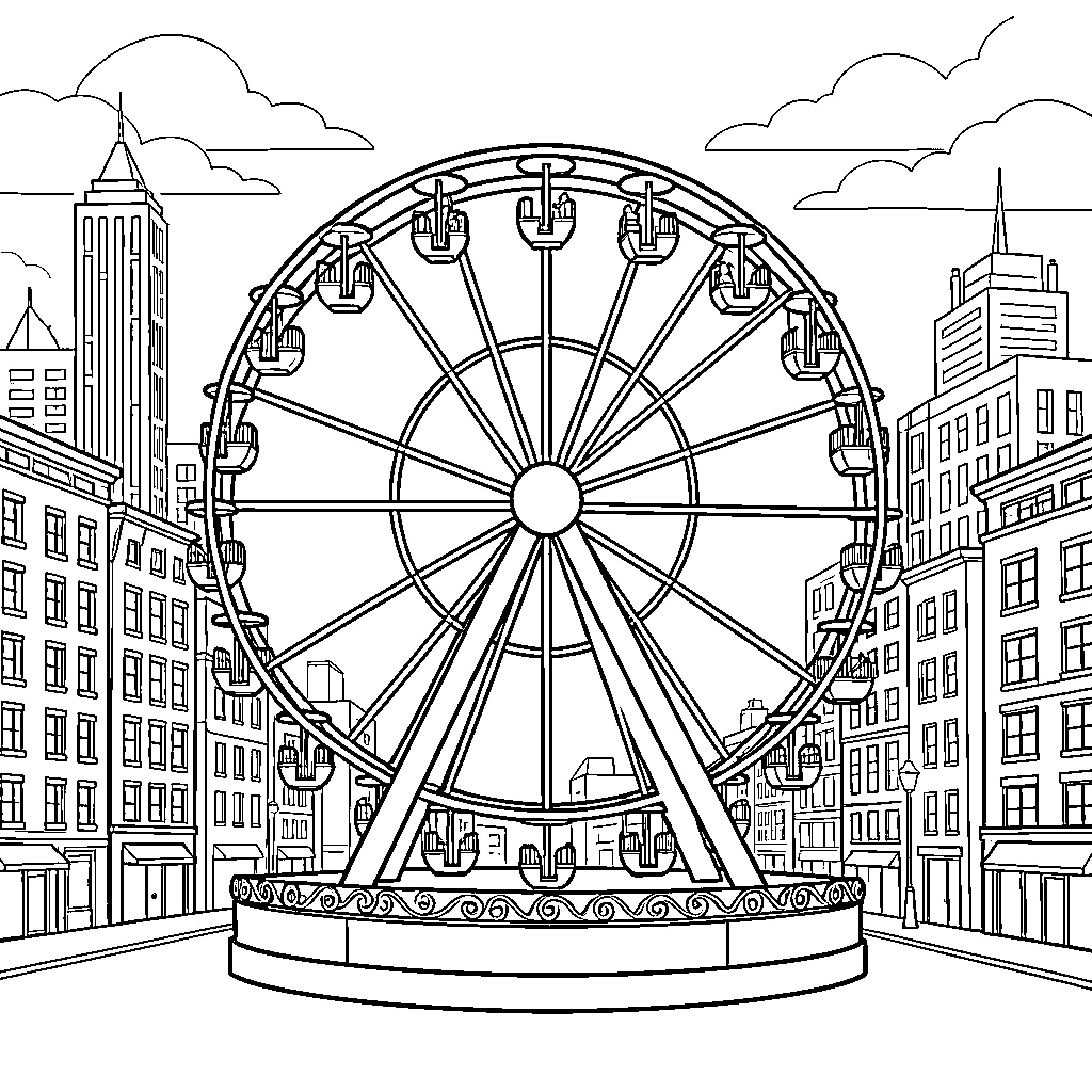 Rueda de la Fortuna standing amidst tall city buildings Coloring Page (free black-and-white line drawing printable PDF for all, from beginners to advanced learners, including children, teens, adults, and seniors)