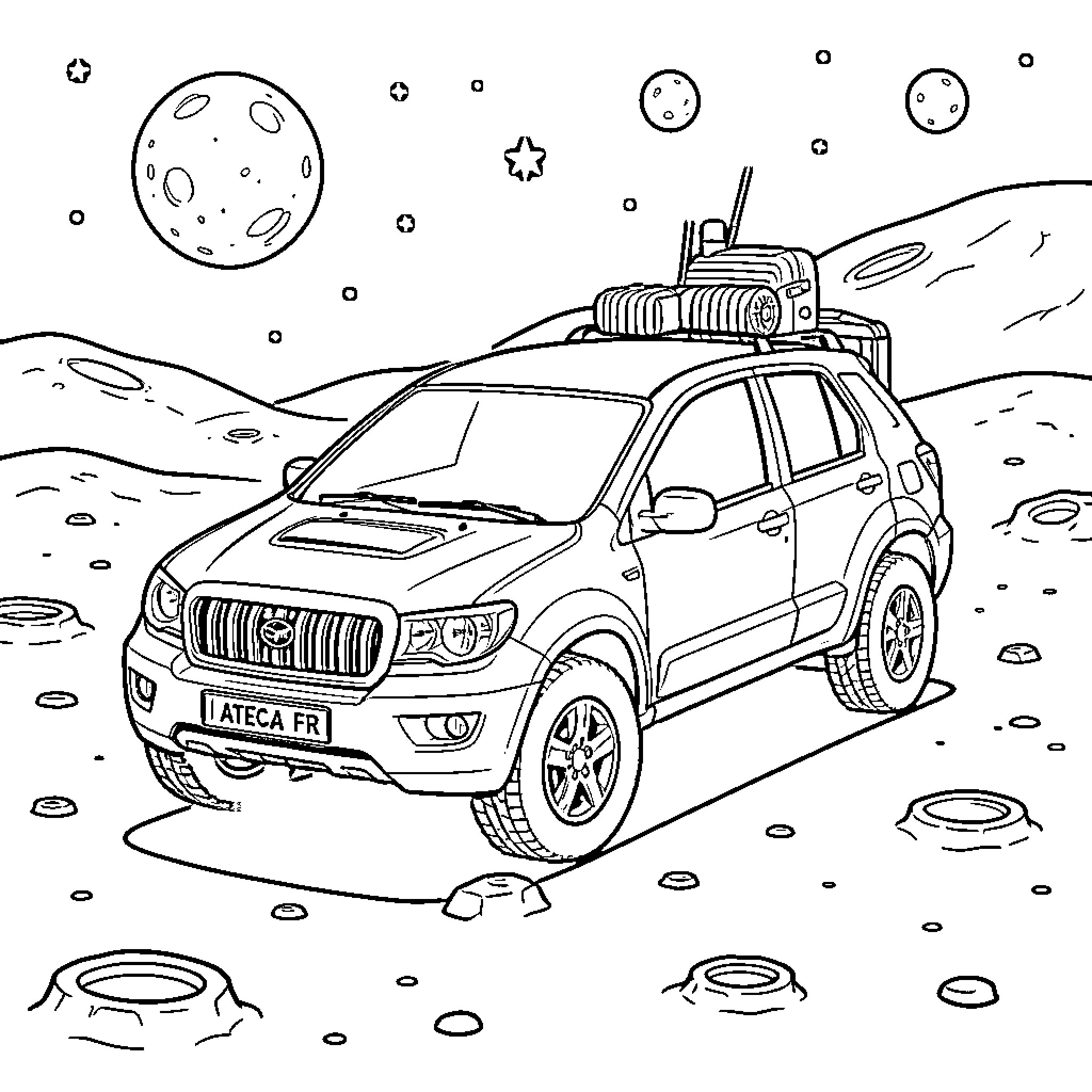 Seat Ateca exploring a desolate lunar landscape Coloring Page (free black-and-white line drawing printable PDF for all, from beginners to advanced learners, including children, teens, adults, and seniors)