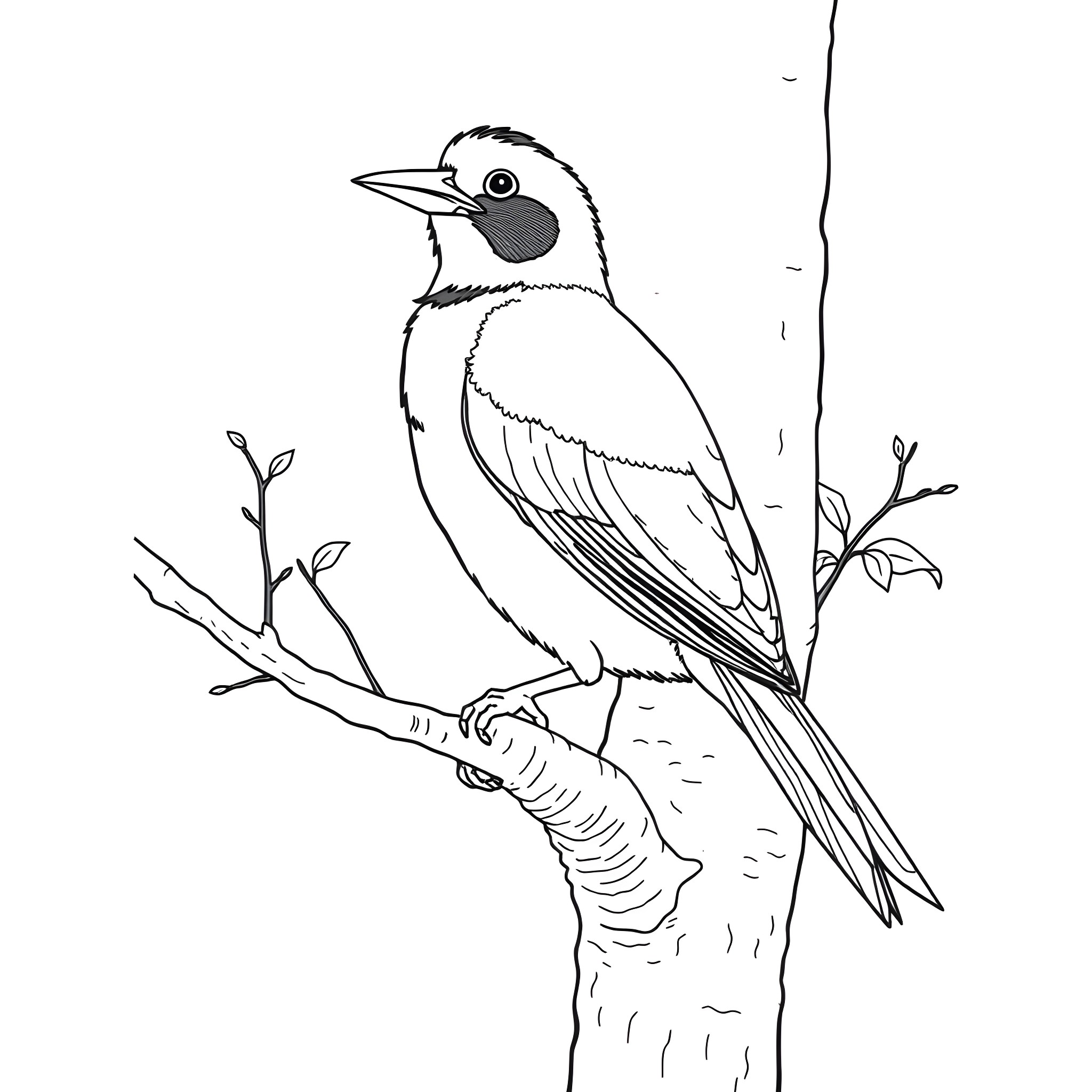 Gouldian Finch perched on a tree branch Coloring Page (free black-and-white line drawing printable PDF for all, from beginners to advanced learners, including children, teens, adults, and seniors)