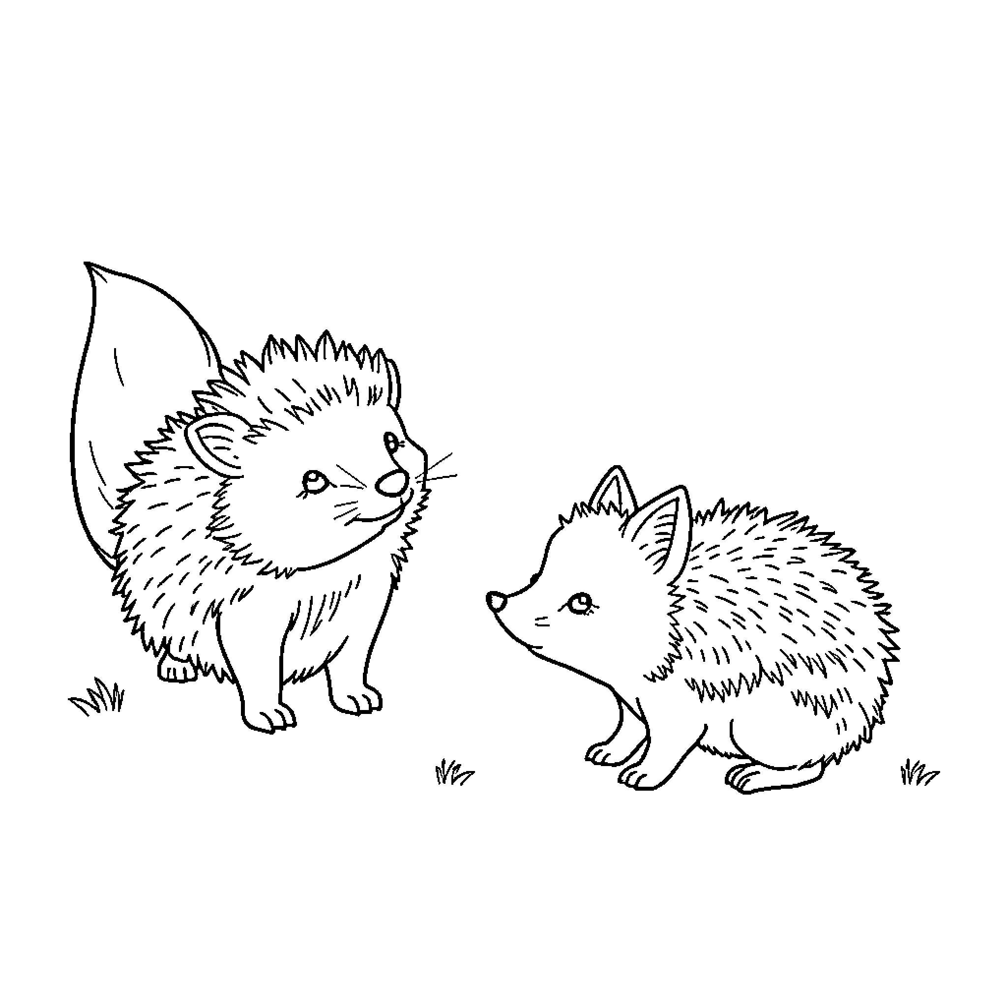 Hedgehogs exploring the outdoors playfully Coloring Page (free black-and-white line drawing printable PDF for all, from beginners to advanced learners, including children, teens, adults, and seniors)