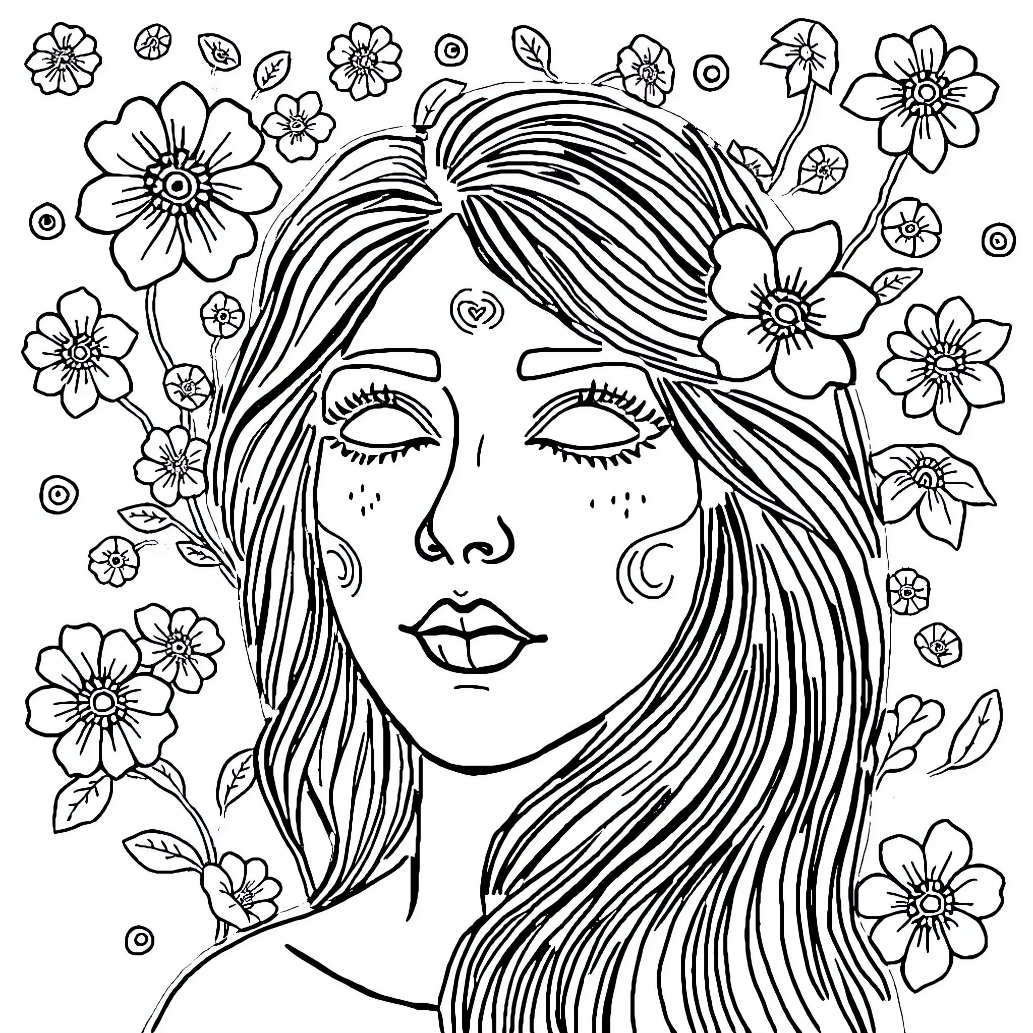 Mental Health: Floral Tranquility and Self-Care Coloring Page (free black-and-white line drawing printable PDF for all, from beginners to advanced learners, including children, teens, adults, and seniors)