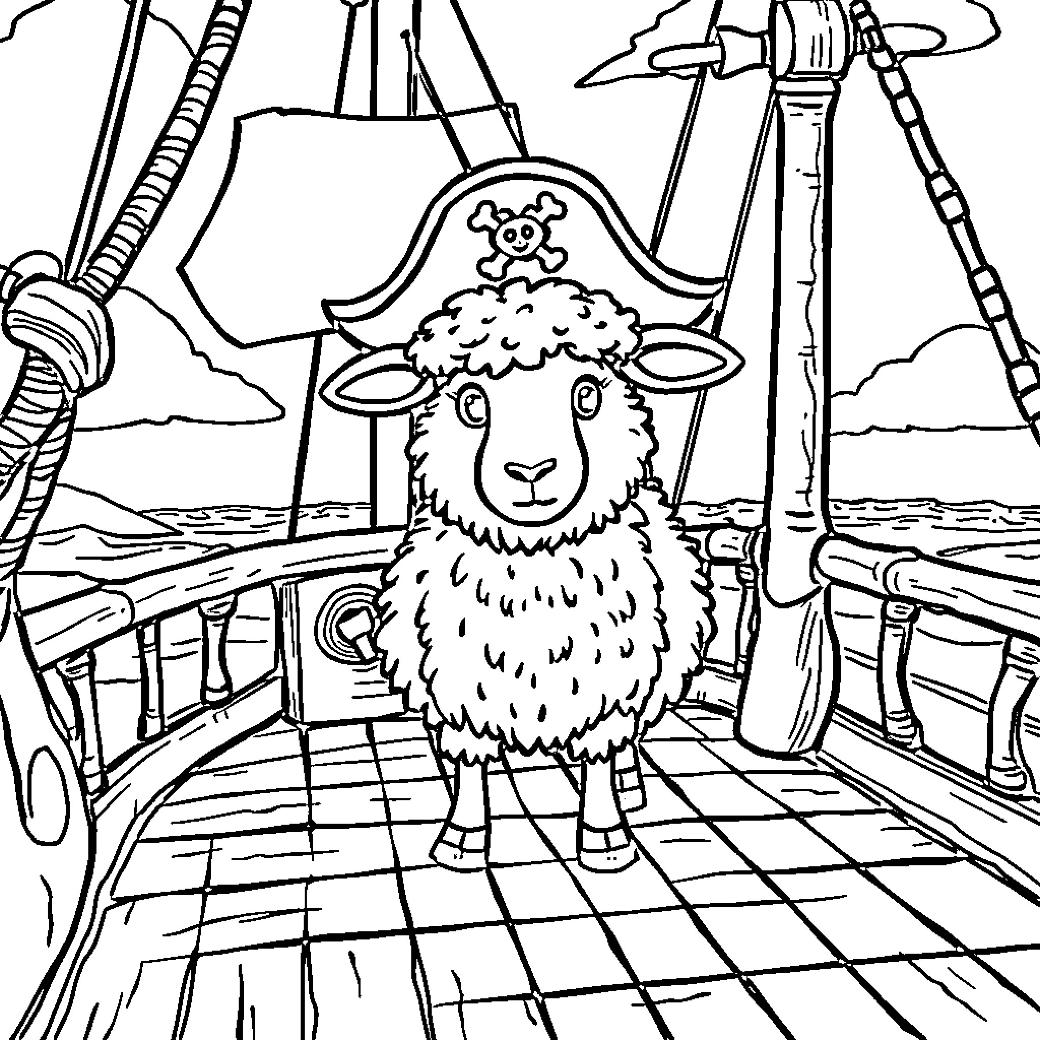 Sheep pirate on a ship deck Coloring Page (free black-and-white line drawing printable PDF for all, from beginners to advanced learners, including children, teens, adults, and seniors)
