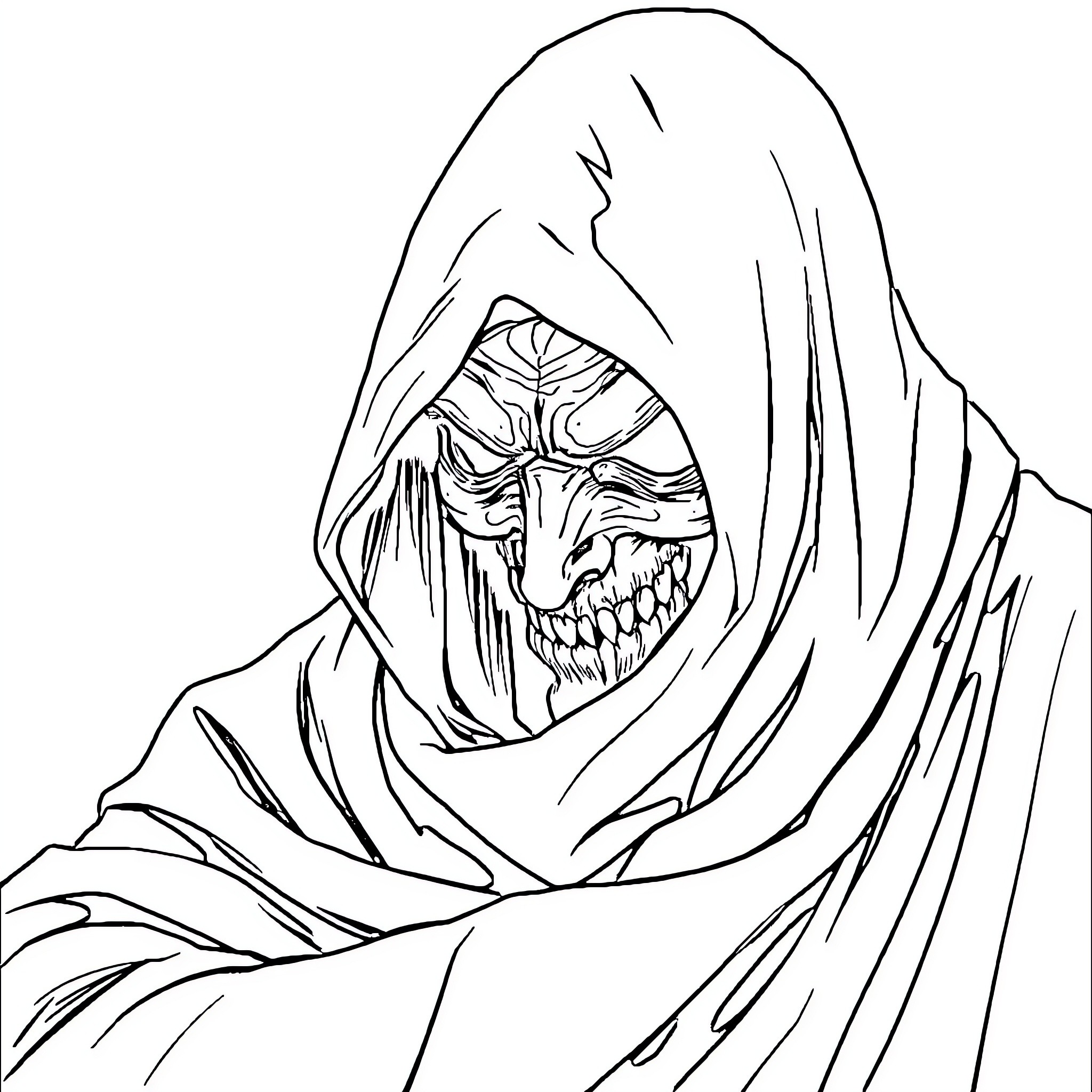 Hanter's Terrifying Hooded Apparition Coloring Page (free black-and-white line drawing printable PDF for all, from beginners to advanced learners, including children, teens, adults, and seniors)
