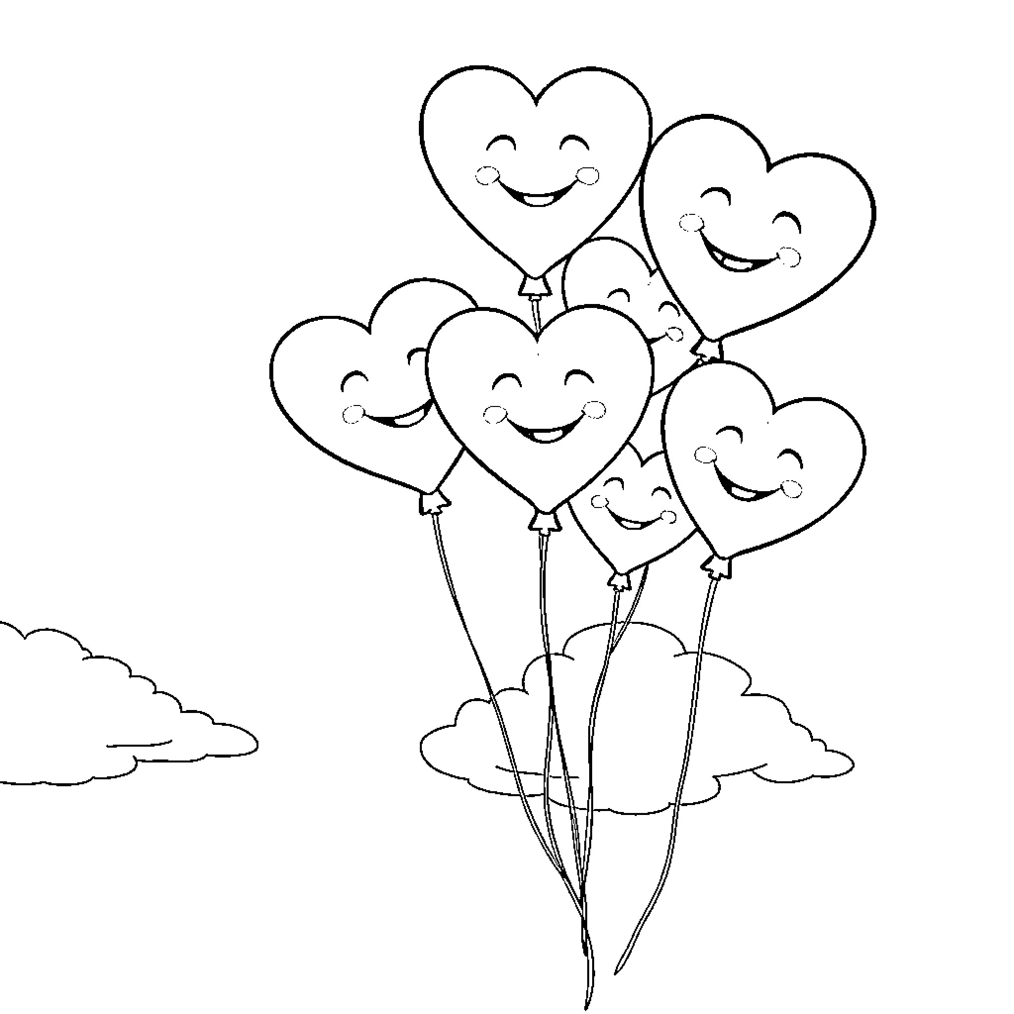 Heart-shaped balloons floating playfully in the sky Coloring Page (free black-and-white line drawing printable PDF for all, from beginners to advanced learners, including children, teens, adults, and seniors)