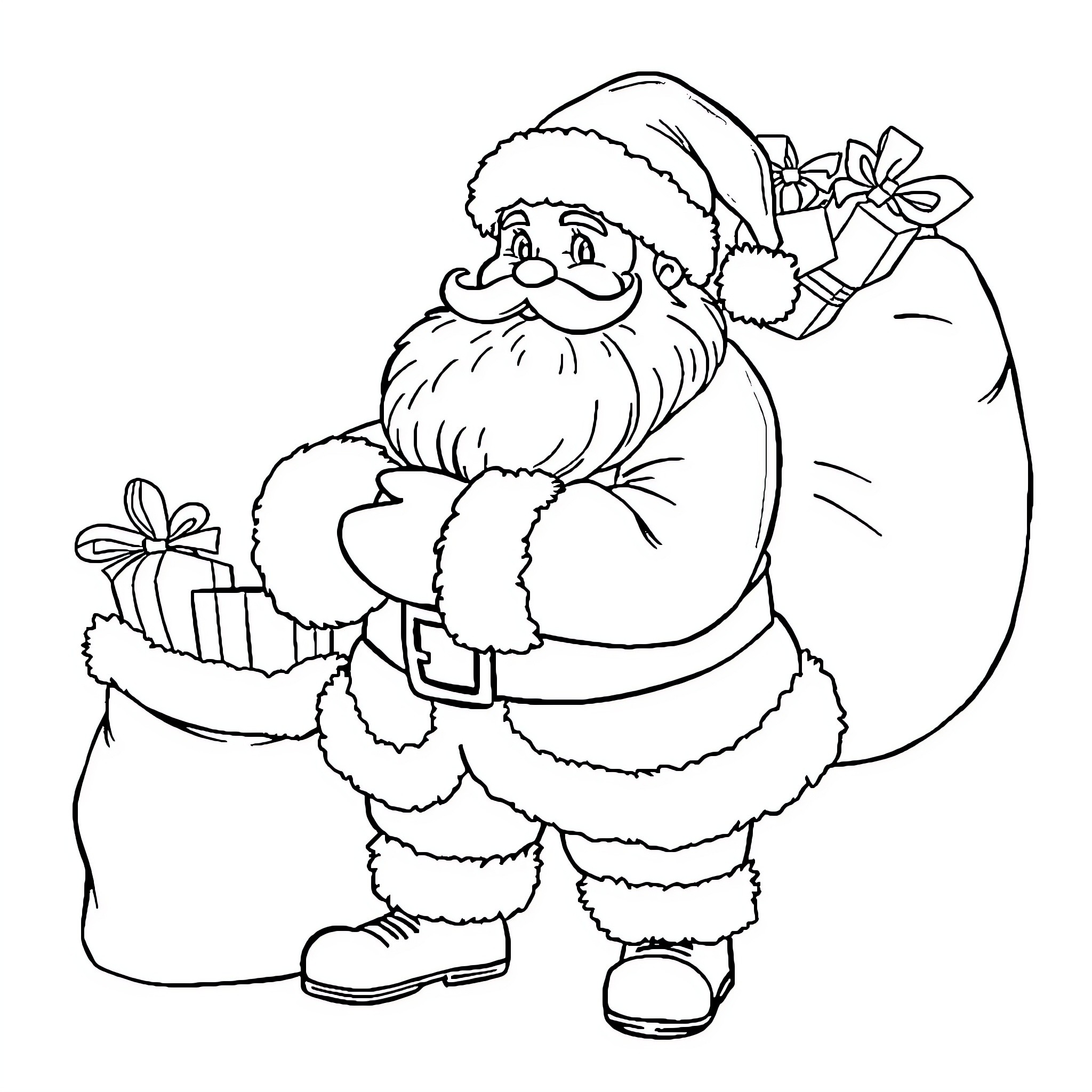 Santa Claus with Gifts and Sack Coloring Page (free black-and-white line drawing printable PDF for all, from beginners to advanced learners, including children, teens, adults, and seniors)