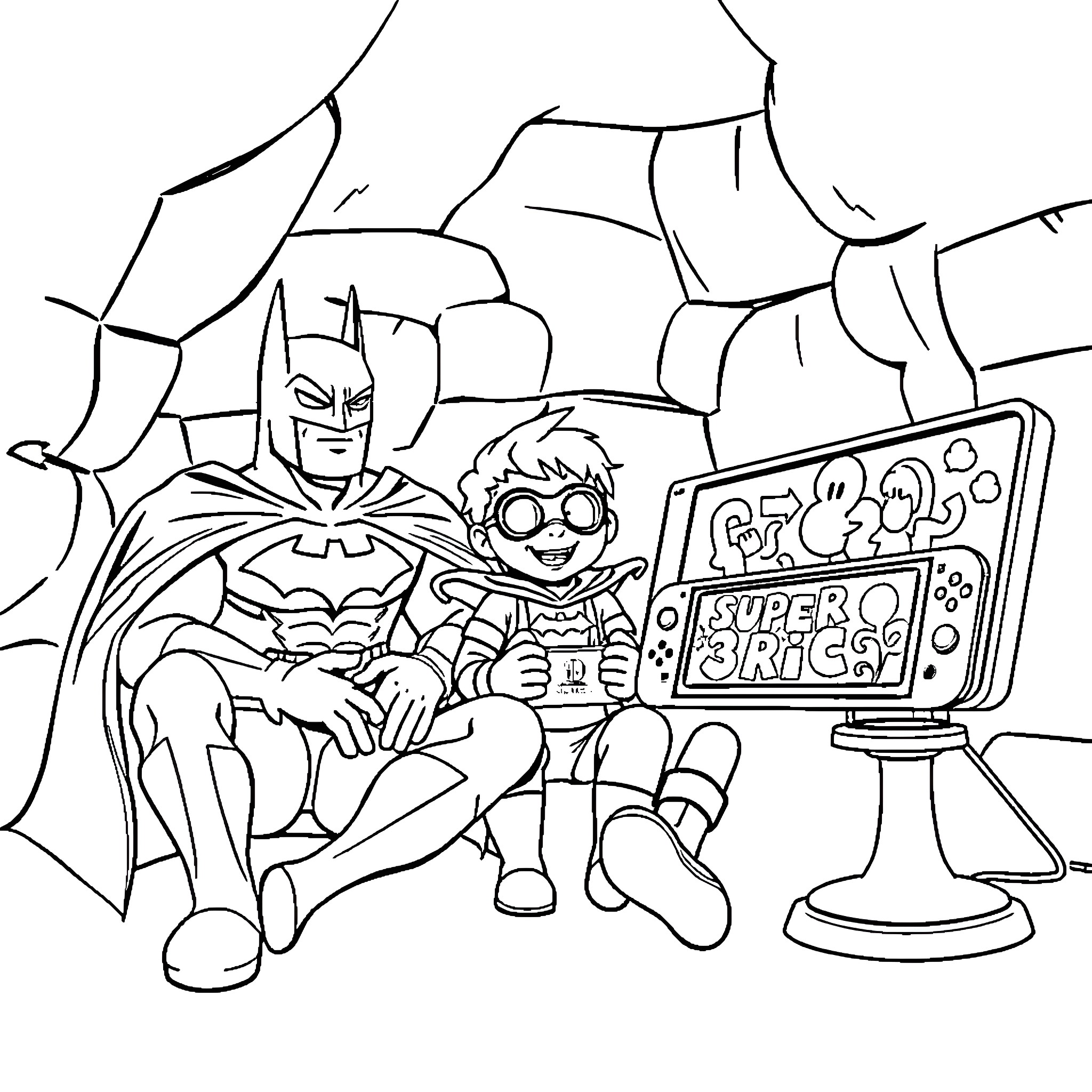 Batman and Sidekick Enjoying Super Video Game Coloring Page (free black-and-white line drawing printable PDF for all, from beginners to advanced learners, including children, teens, adults, and seniors)